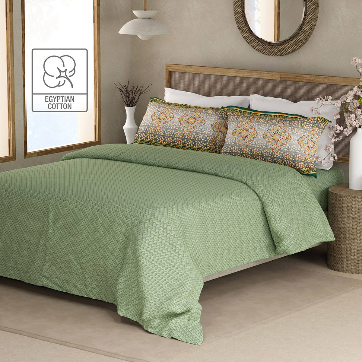 Boutique Living Heritage Walk 200 Tc Green Ethnic Bedsheet with 2 Pillow Covers (King)