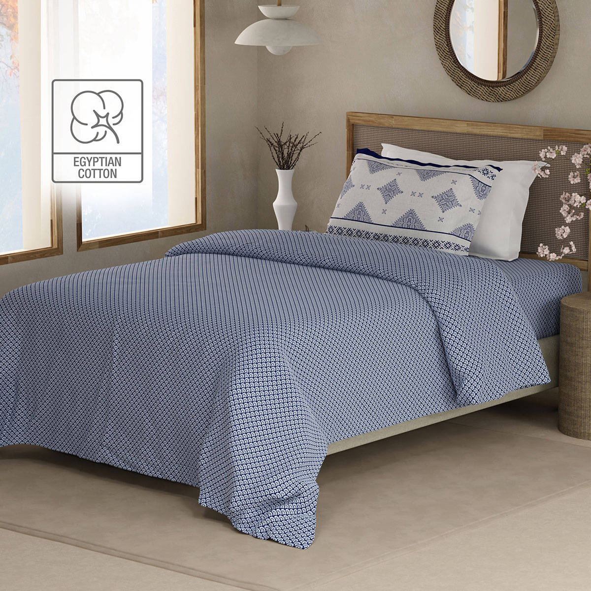 Boutique Living Heritage Walk 200 Tc Blue Ethnic Bedsheet with 1 Pillow Cover (Single)