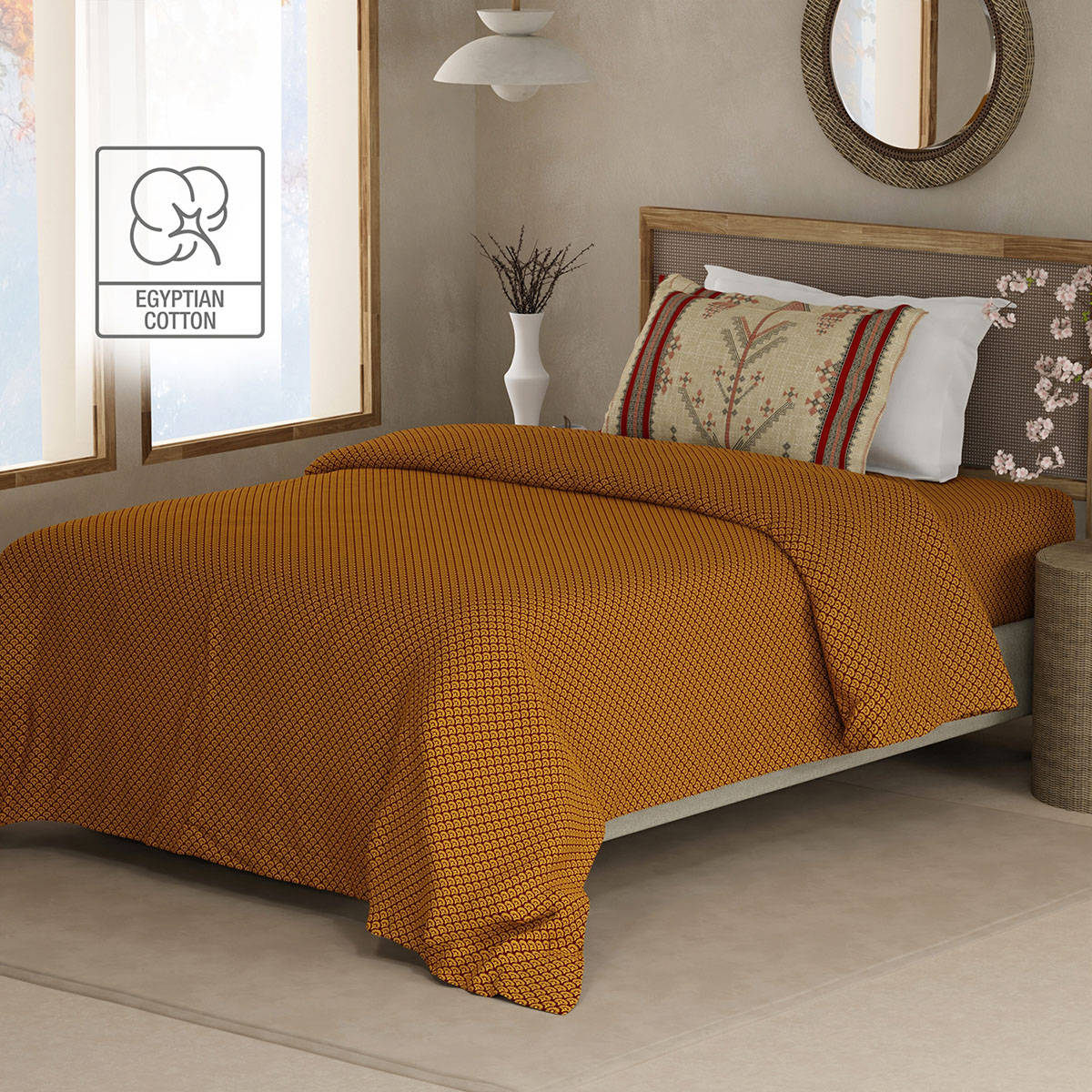 Boutique Living Heritage Walk 200 Tc Mustard Ethnic Bedsheet with 1 Pillow Cover (Single)