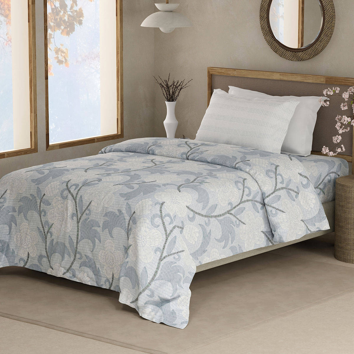 Boutique Living Valatia 200 Tc Blue Floral Bedsheet with 1 Pillow Cover (Single)