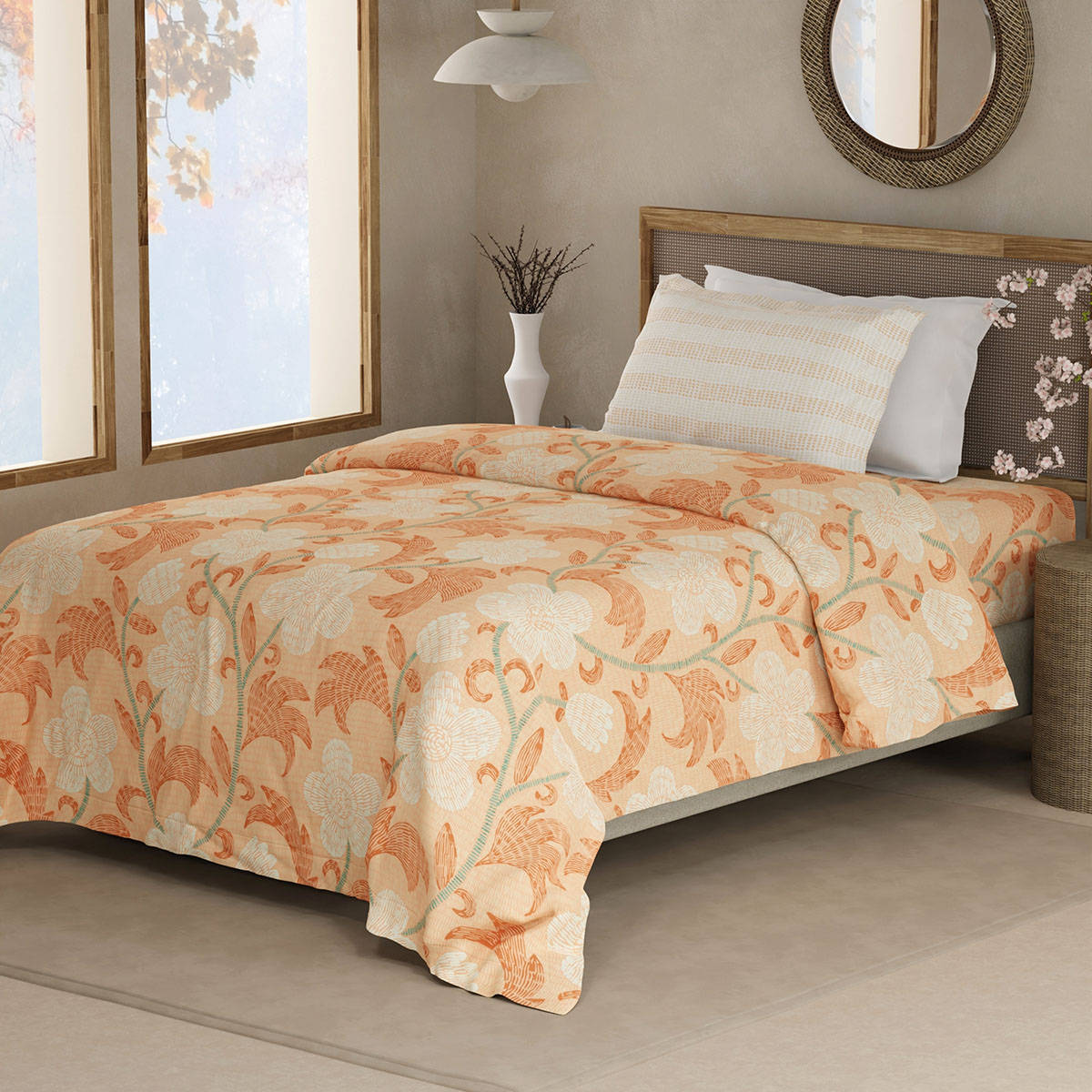 Boutique Living Valatia 200 Tc Orange Floral Bedsheet with 1 Pillow Cover (Single)
