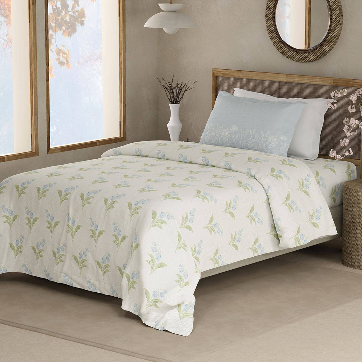 Boutique Living Valatia 200 Tc Green Floral Bedsheet with 1 Pillow Cover (Single)