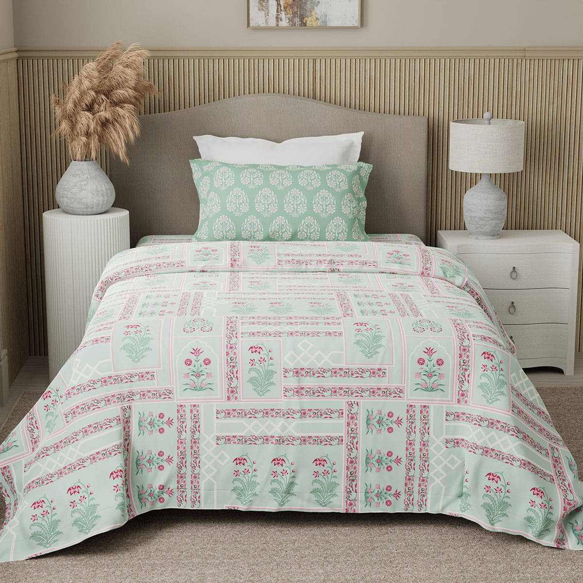 Boutique Living Valatia 200 Tc Karigari Green Bedsheet with 1 Pillow Cover (Single)