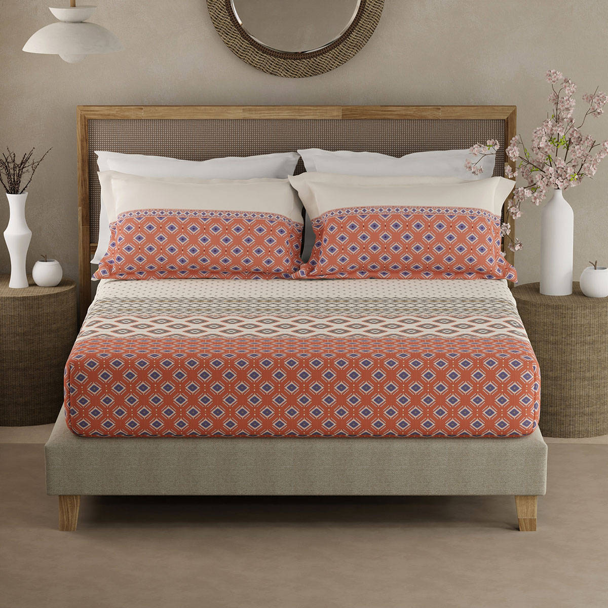 Boutique Living Valatia Gypsy 200 Tc Rust Ethnic Fitted King Bedsheet with 2 Pillow Covers (King)