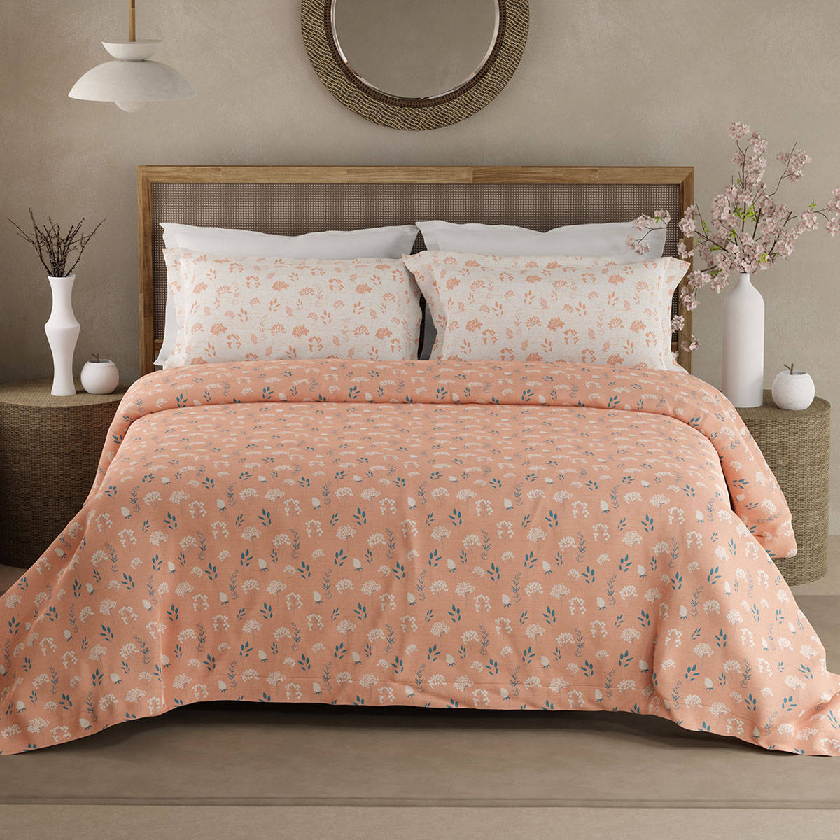Boutique Living Valatia 200 Tc Peach Floral Bedsheet with 2 Pillow Covers (King)