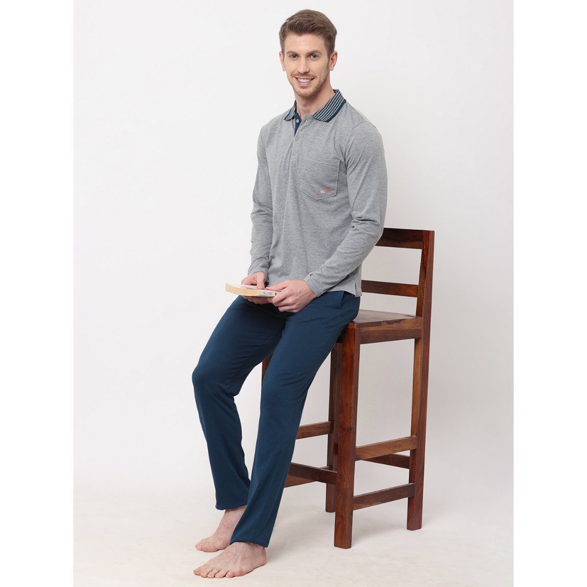 Buy Sweet Dreams Men Grey Mel Cotton Poly Solid Night Suits Set