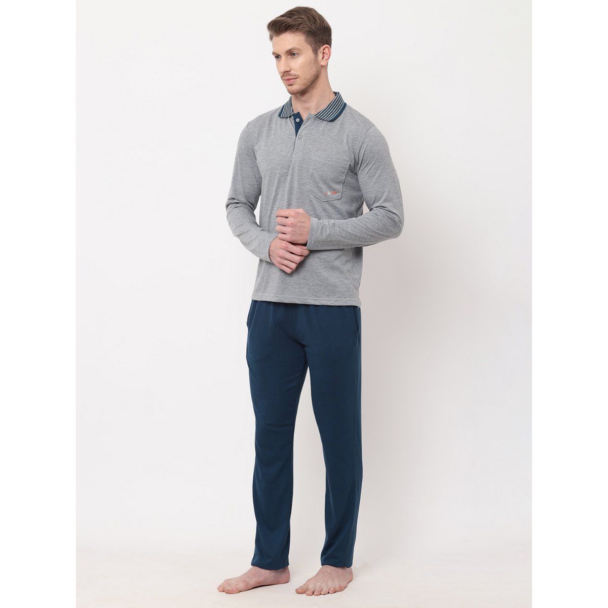 Buy Sweet Dreams Men Grey Mel Cotton Poly Solid Night Suits Set