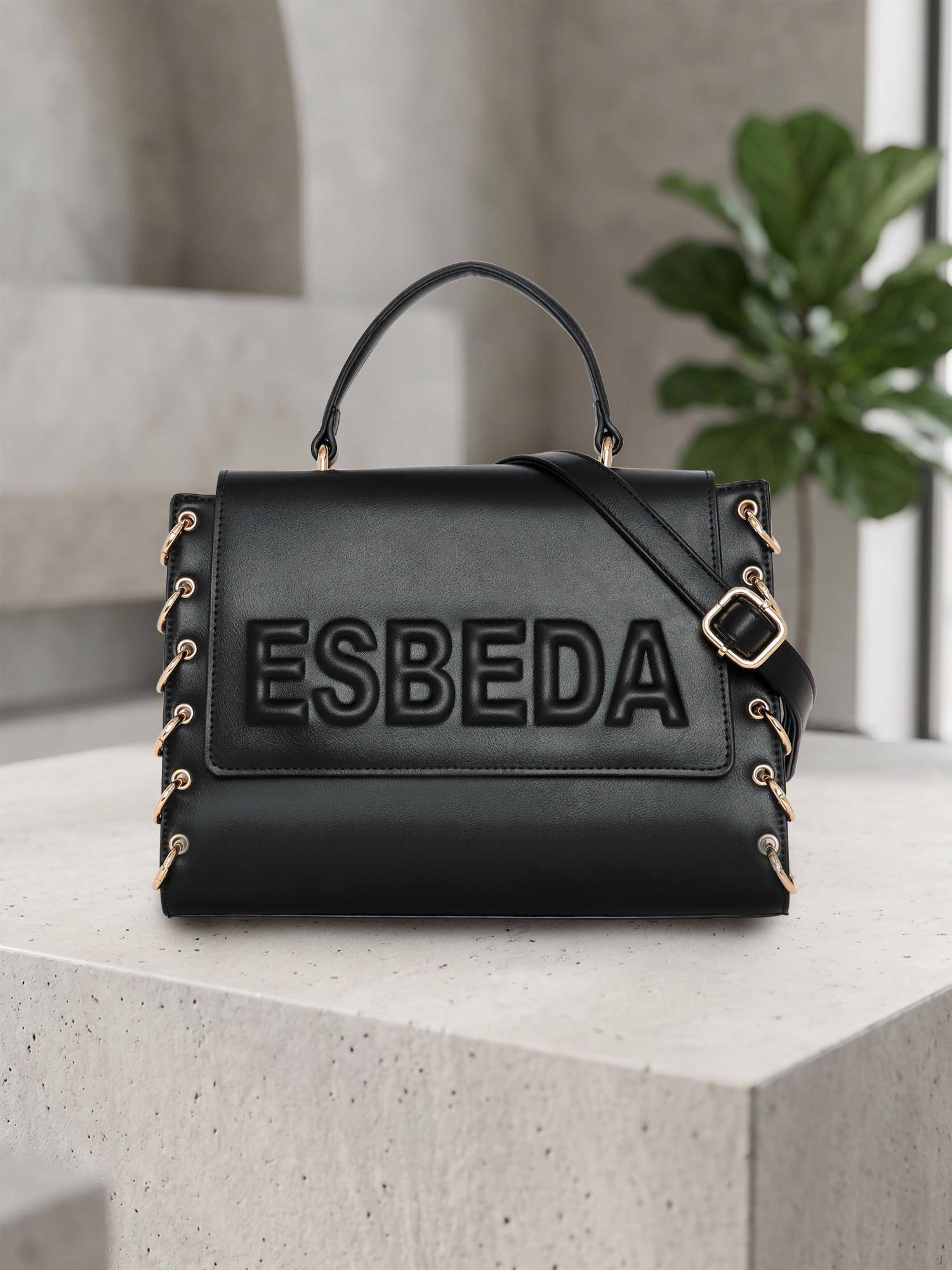 ESBEDA Women Black Logo Embossed Handbag with Detachable Strap (M)