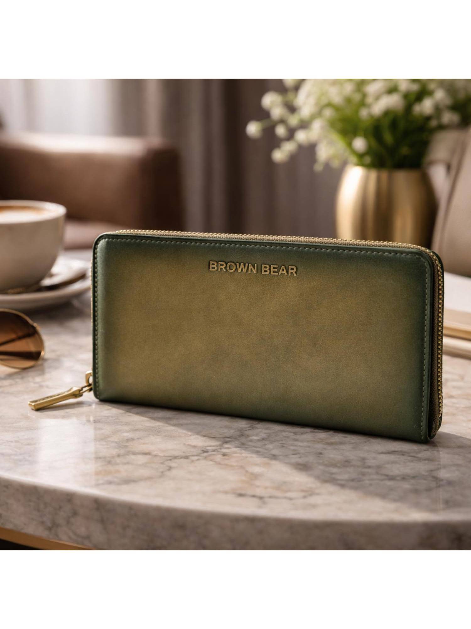 Brown Bear Women Olive Manhattan Leather Wallet