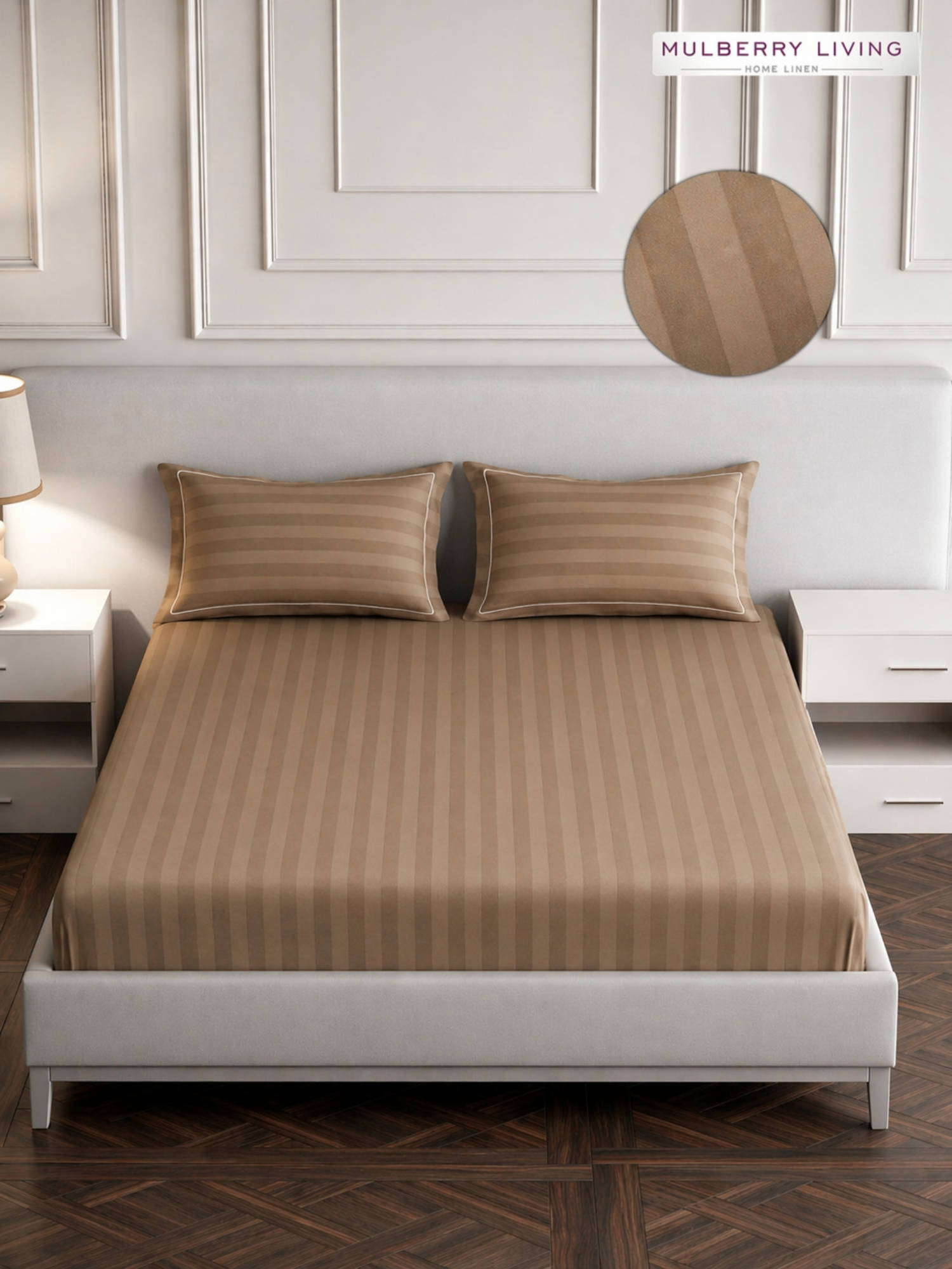 MULBERRY LIVING Brown Elysian Stripes Cotton 300TC Bedsheet with 2 Pillow Covers (King)