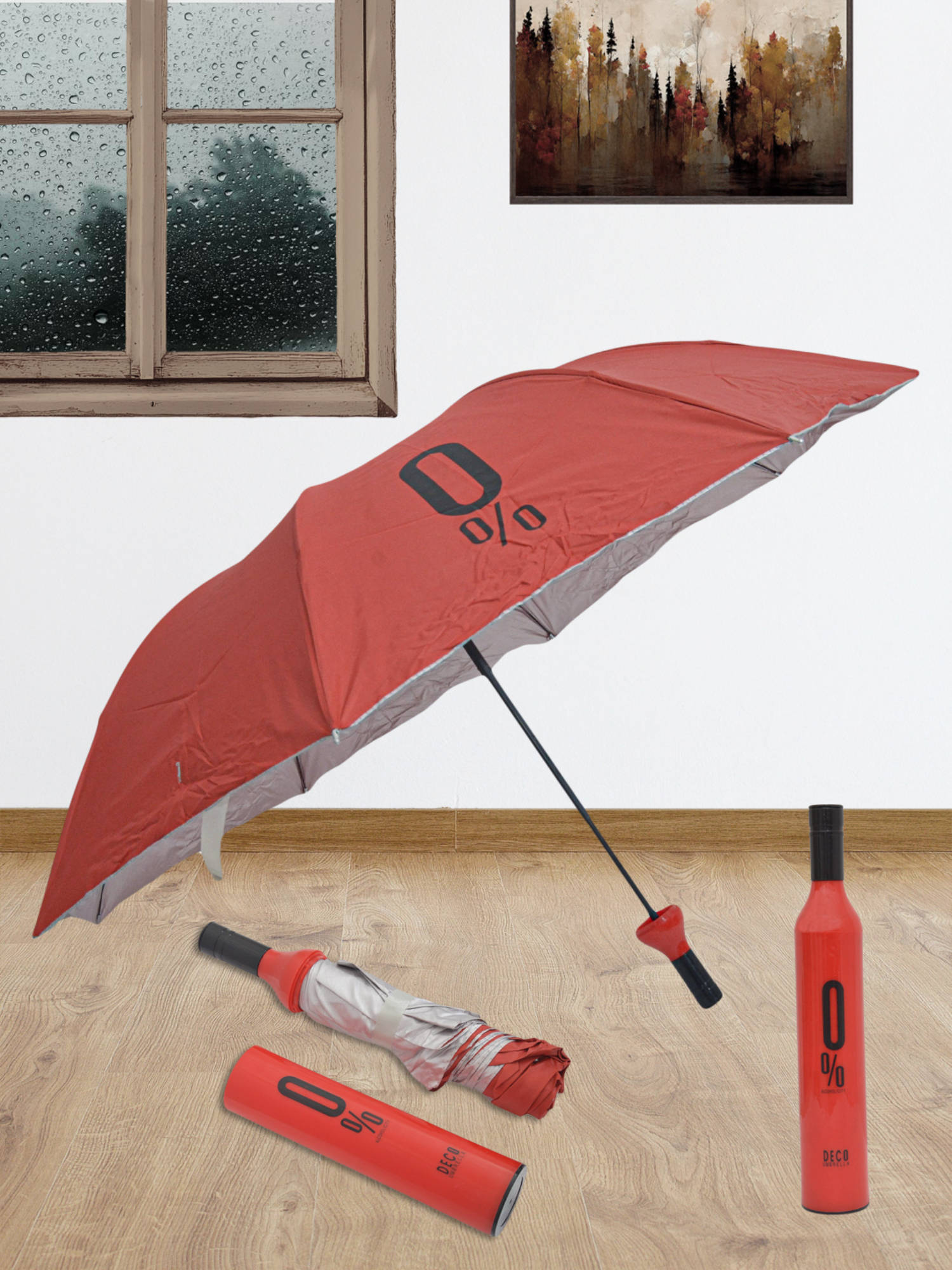 FABINALIV Red Solid Waterproof 3 Fold Compact Bottle Umbrella with Cover