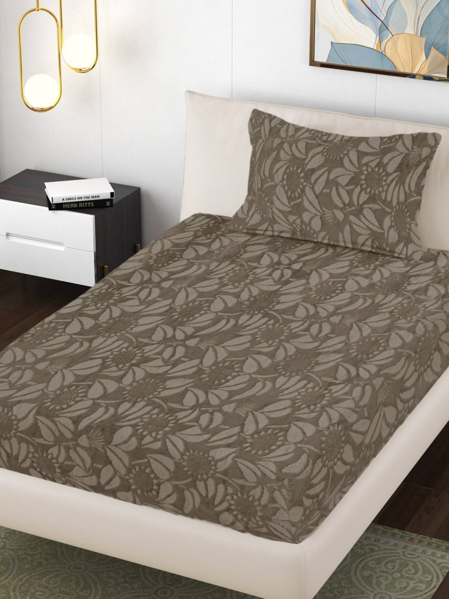FABINALIV Olive Floral Single Bedsheet with Pillow Cover