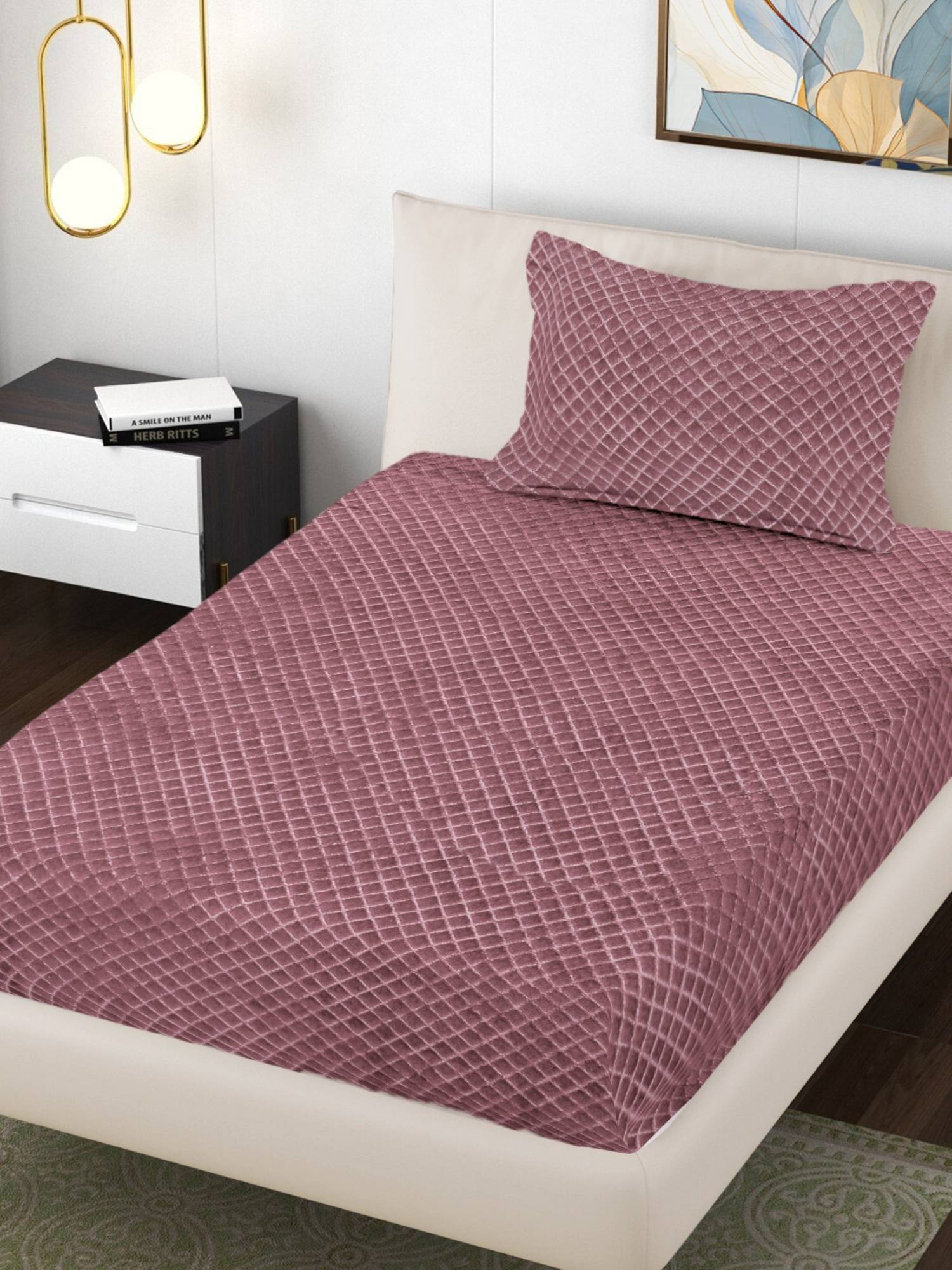 FABINALIV Mauve Solid Single Bedsheet with Pillow Cover