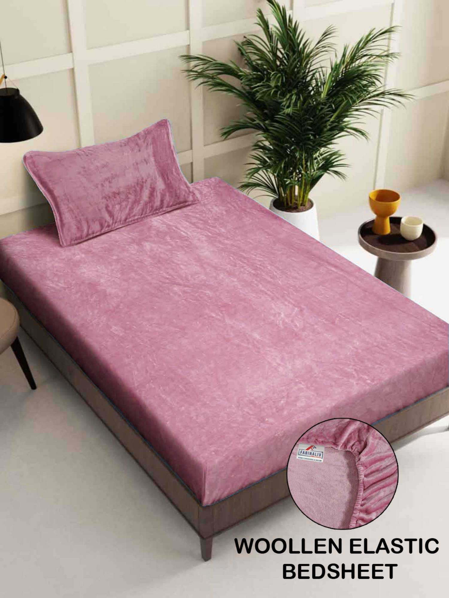 FABINALIV Mauve Solid 300 TC Woollen Fitted Single Bedsheet with Pillow Cover