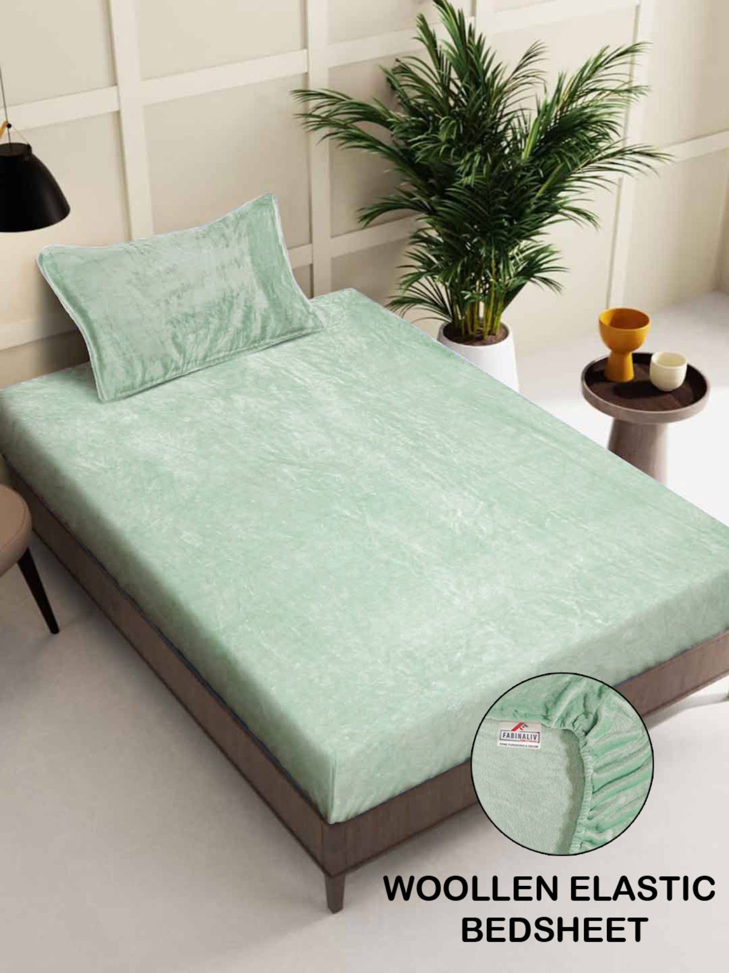 FABINALIV Light Green Solid 300 TC Woollen Fitted Single Bedsheet with Pillow Cover
