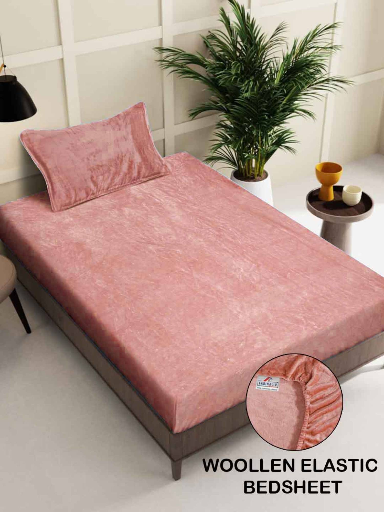 FABINALIV Peach Solid 300 TC Woollen Fitted Single Bedsheet with Pillow Cover