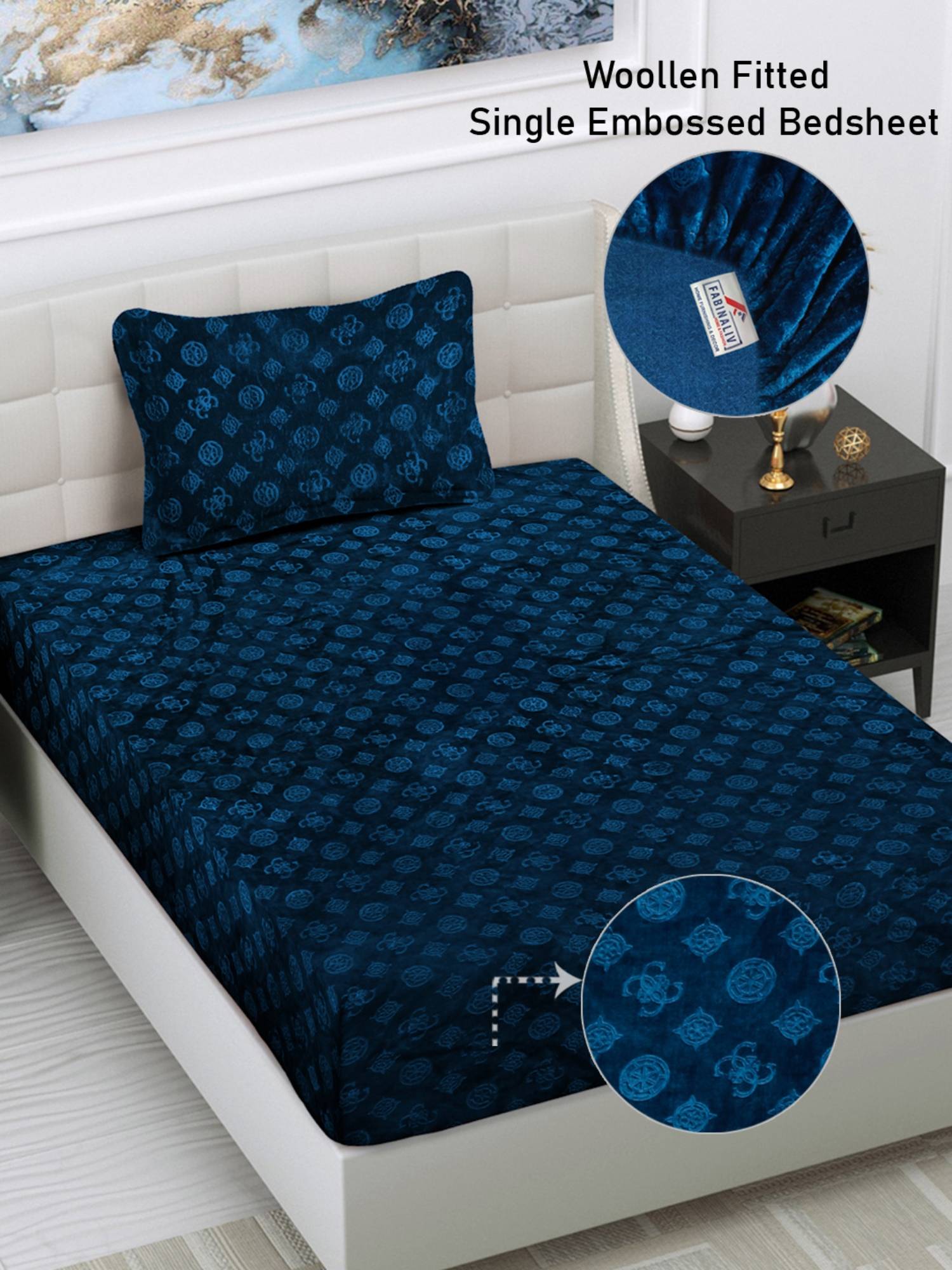 FABINALIV Navy Blue Geometric 300 TC Fitted Single Bedsheet with Pillow Cover