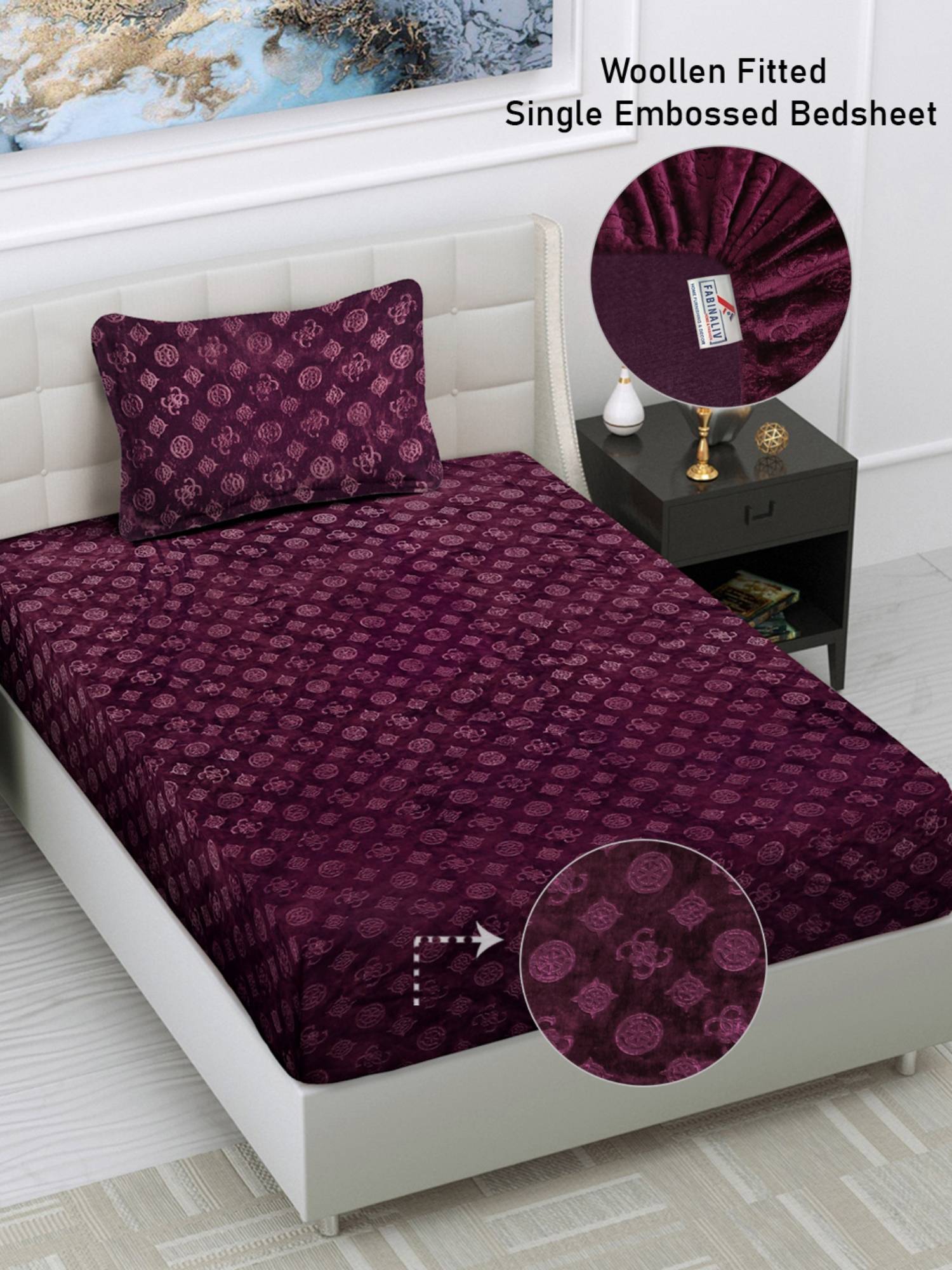 FABINALIV Wine Geometric 300 TC Fitted Single Bedsheet with Pillow Cover