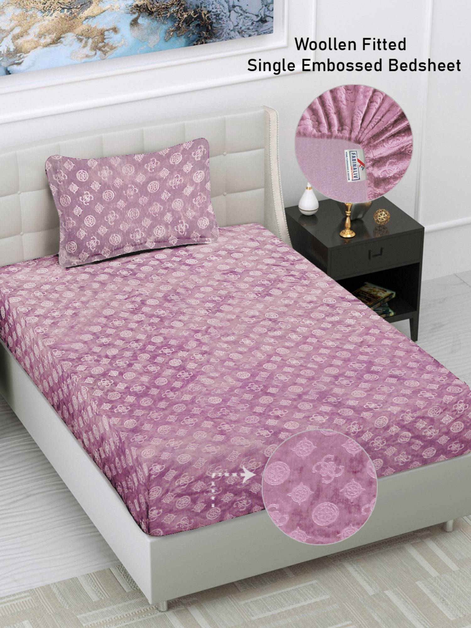 FABINALIV Pink Geometric 300 TC Fitted Single Bedsheet with Pillow Cover
