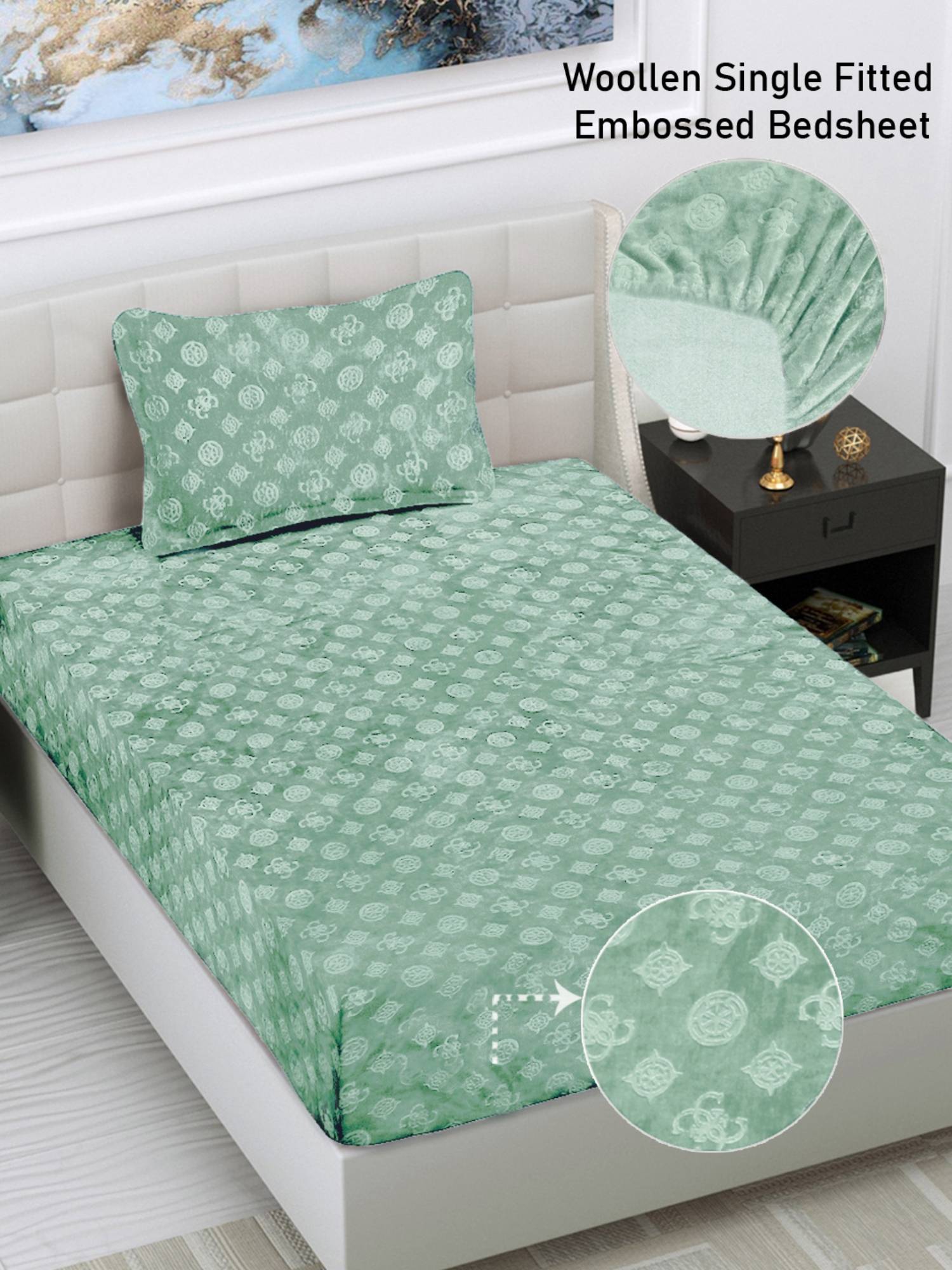 FABINALIV Light Green Geometric 300 TC Fitted Single Bedsheet with Pillow Cover