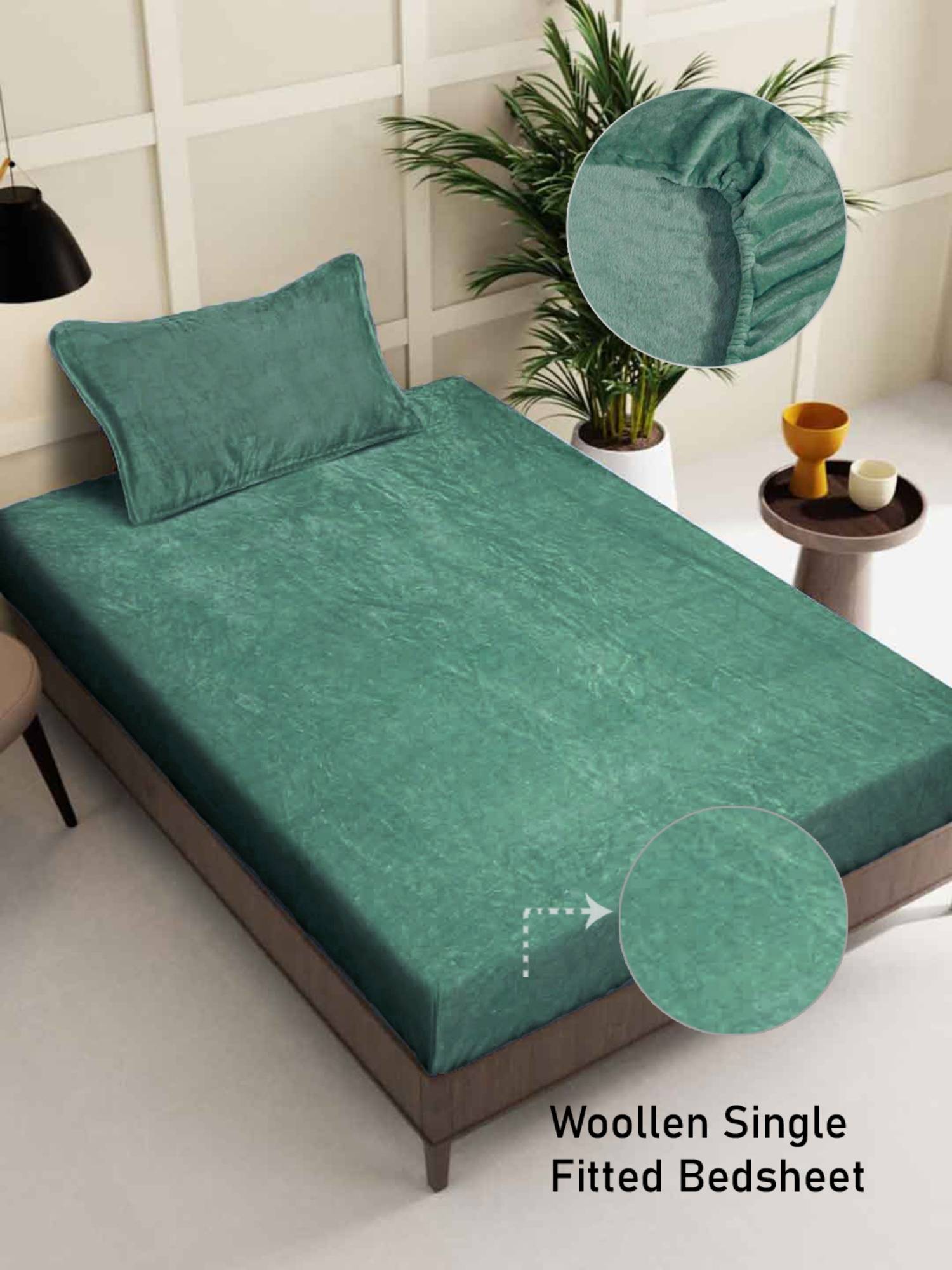 FABINALIV Sunny Green Solid 300 TC Woollen Fitted Single Bedsheet with Pillow Cover