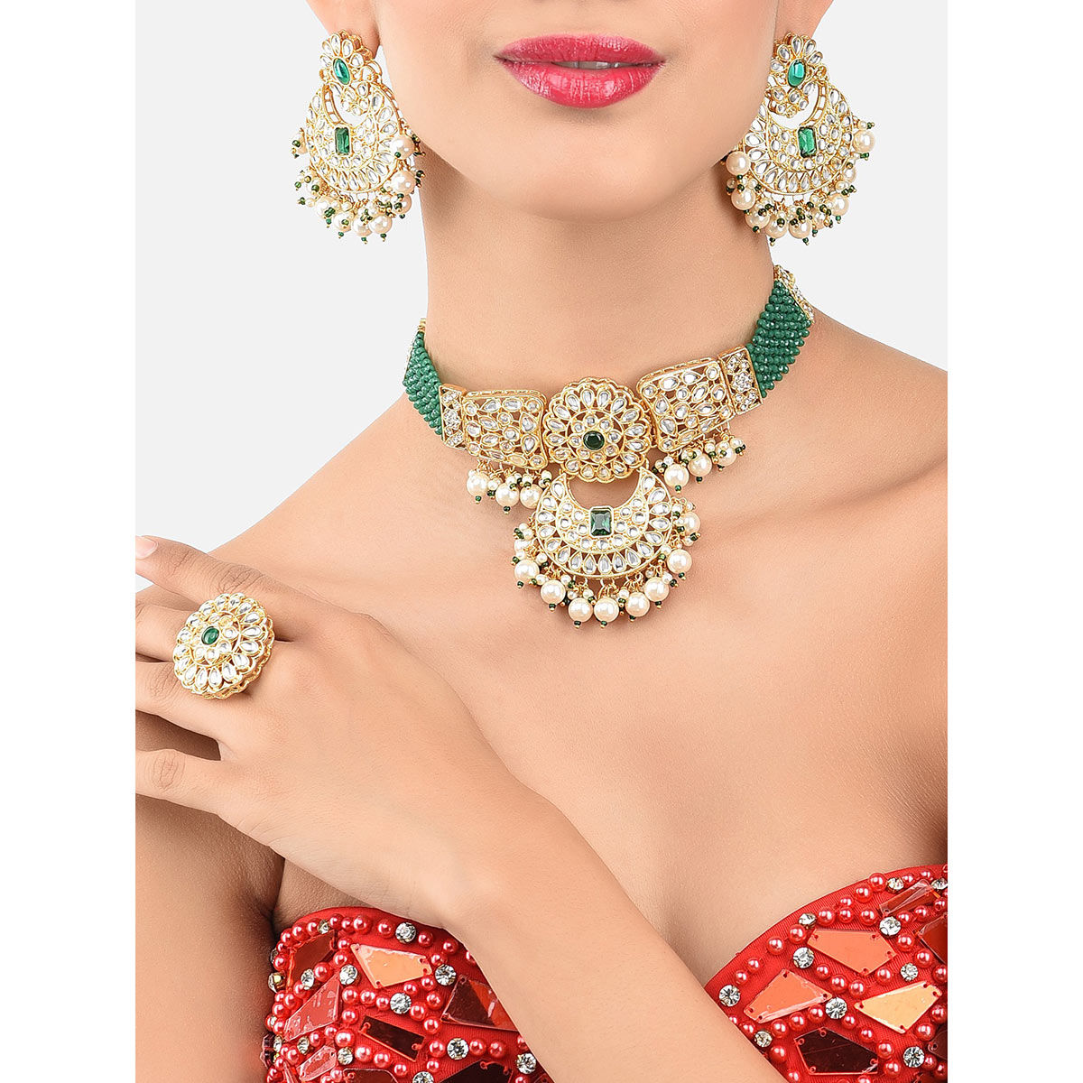 Zaveri Pearls Green Crystal Bridal 
