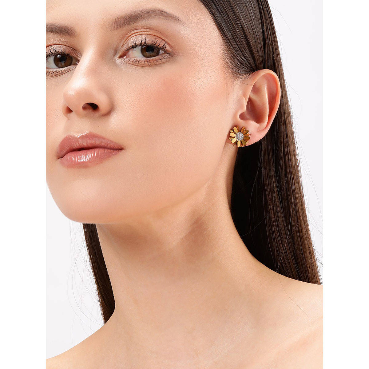 Carlton London 18Kt Gold Plated Stainless Steel Cz Floral Stud Earrings