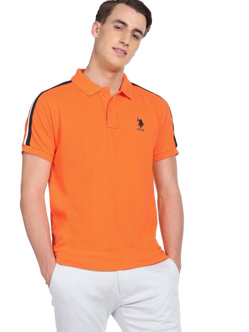 Buy POLO Men Orange Striped Tape Solid Pure Cotton Polo