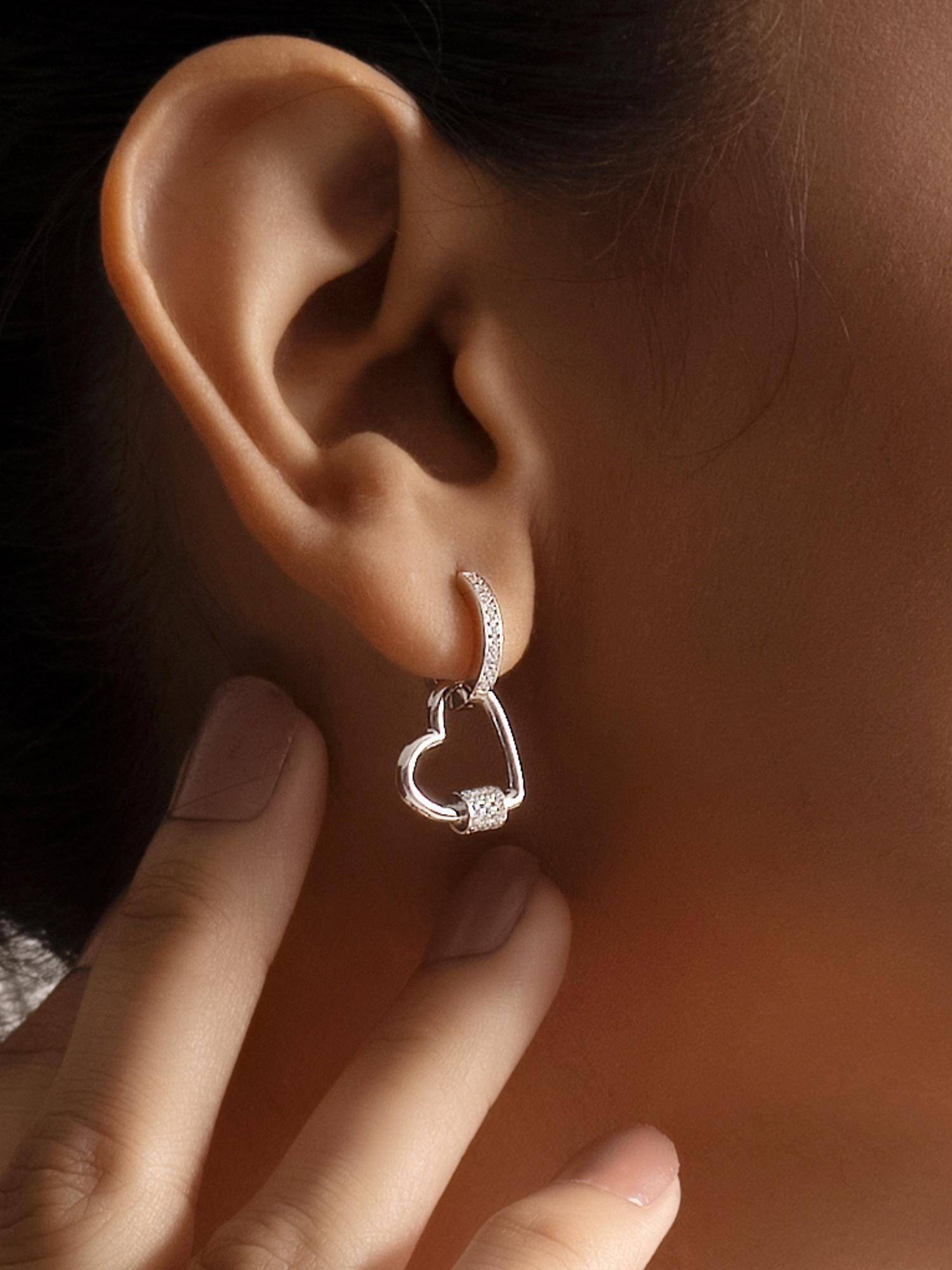 Nistra 925 Sterling Silver Dangling Heartline Minimal-Silver Earrings