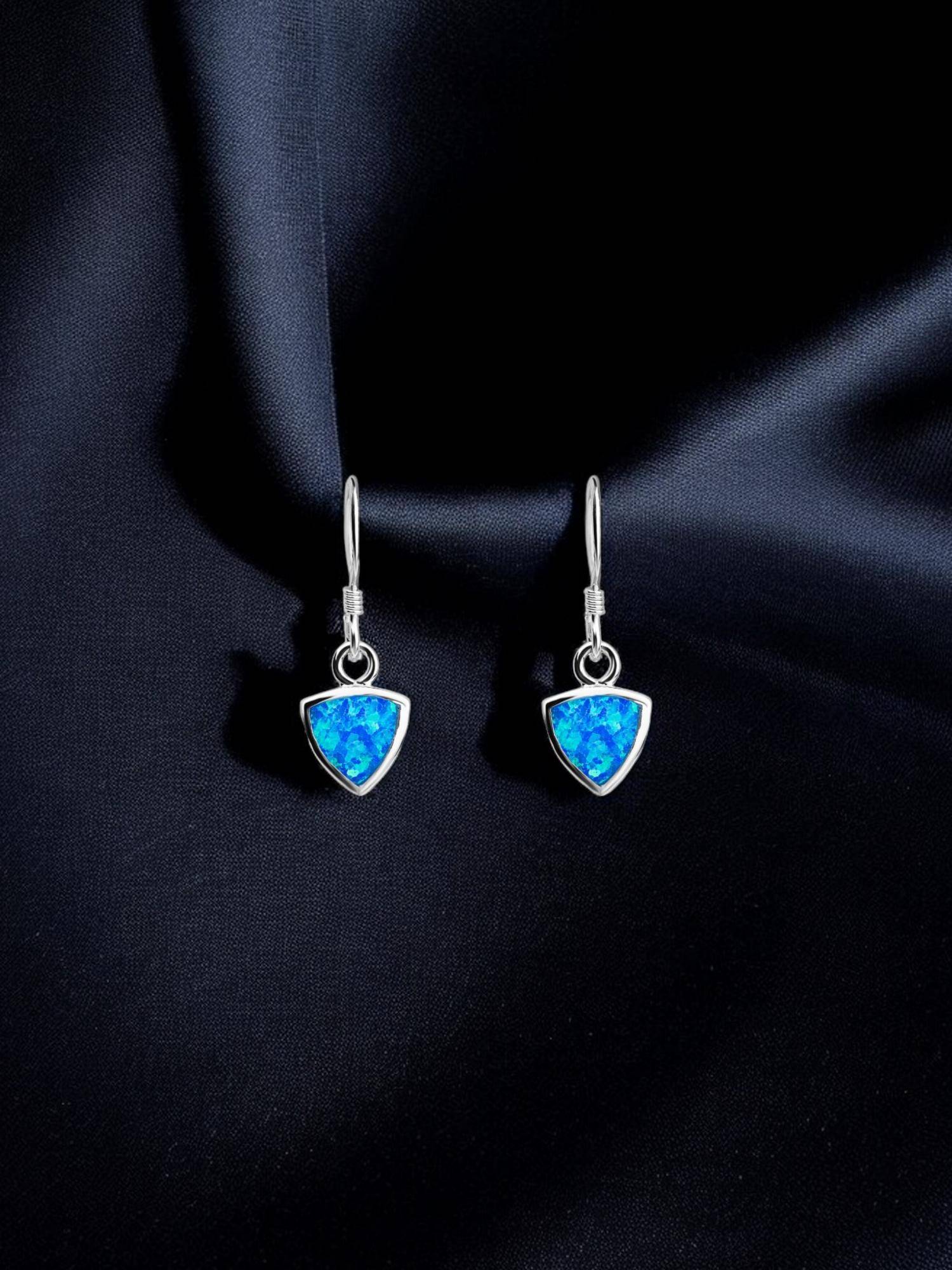 Nistra 925 Sterling Silver Created Opal Blue Gem Drop Earrings