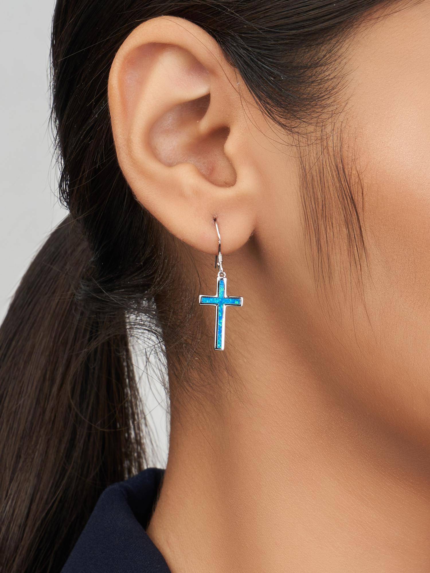 Nistra 925 Sterling Silver Created Opal Serene Cross Drop Earrings