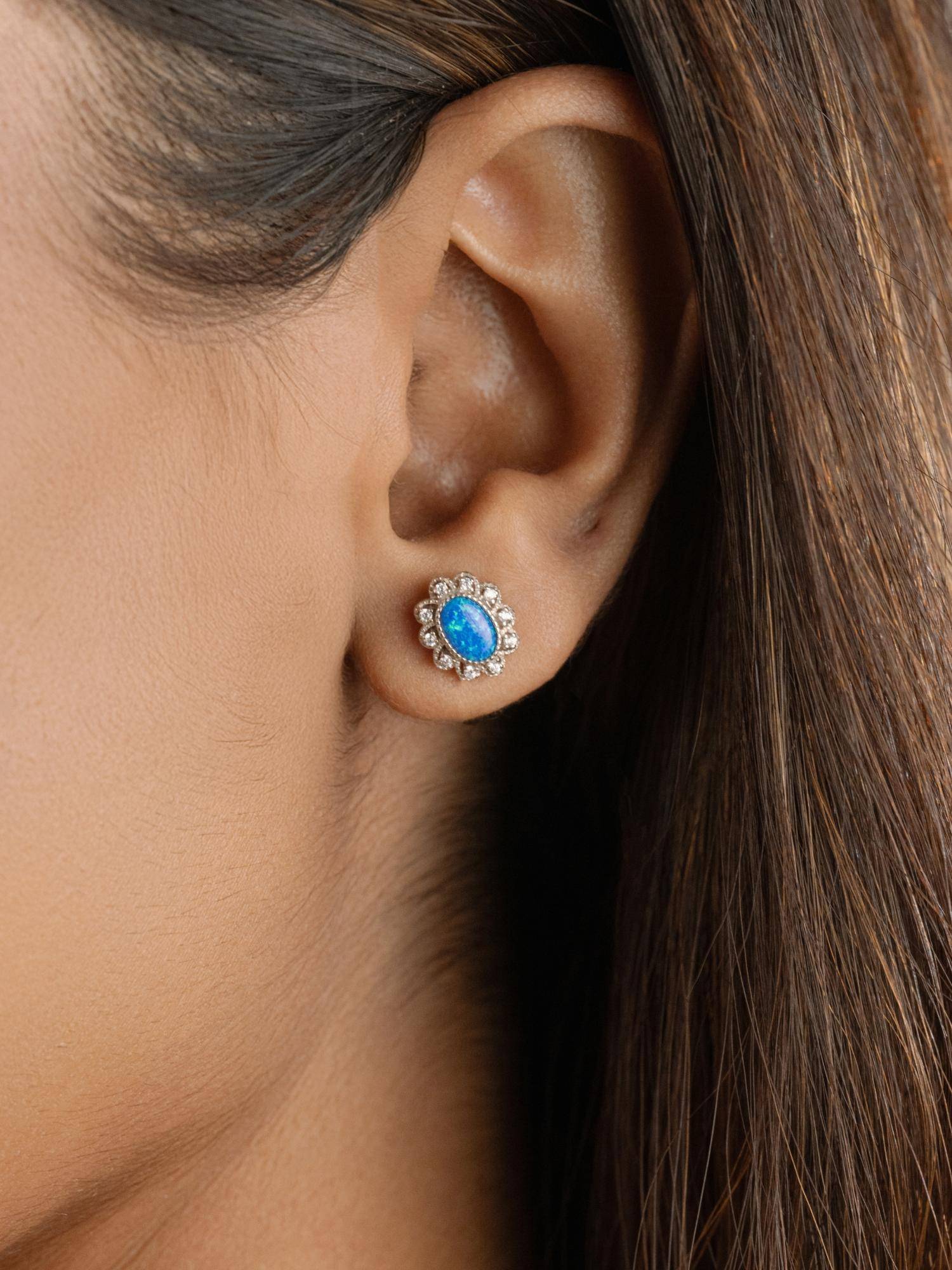 Nistra 925 Sterling Silver Created Opal Evening Blue Studs Earrings