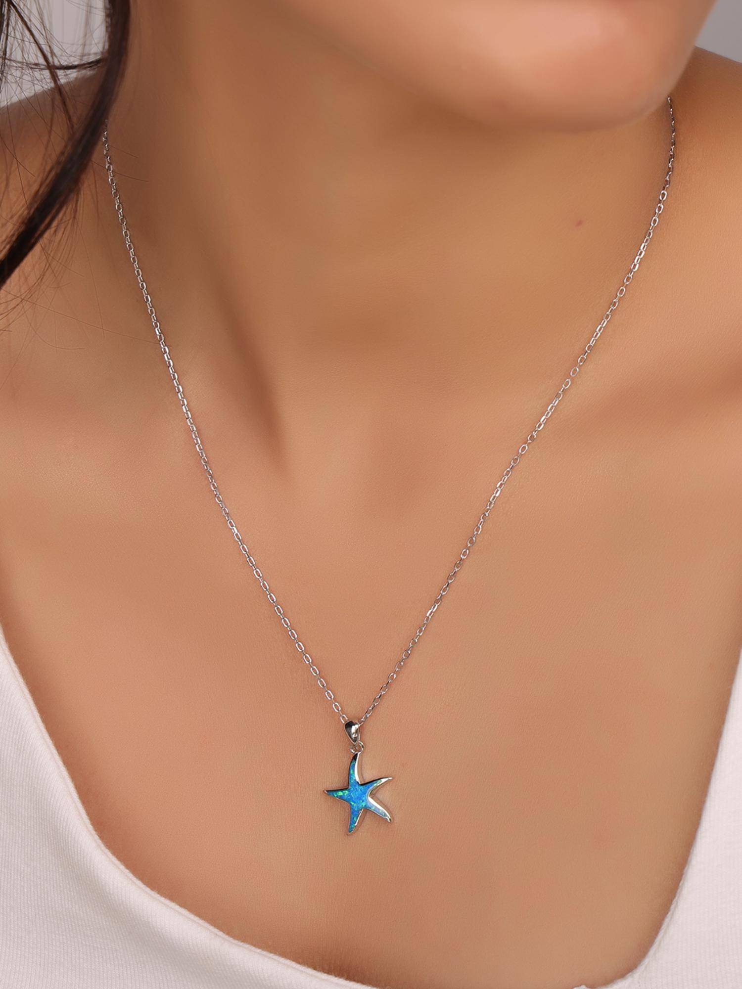 Nistra 925 Sterling Silver Created Opal Ocean's Story Starfish Necklace (Adjustable)