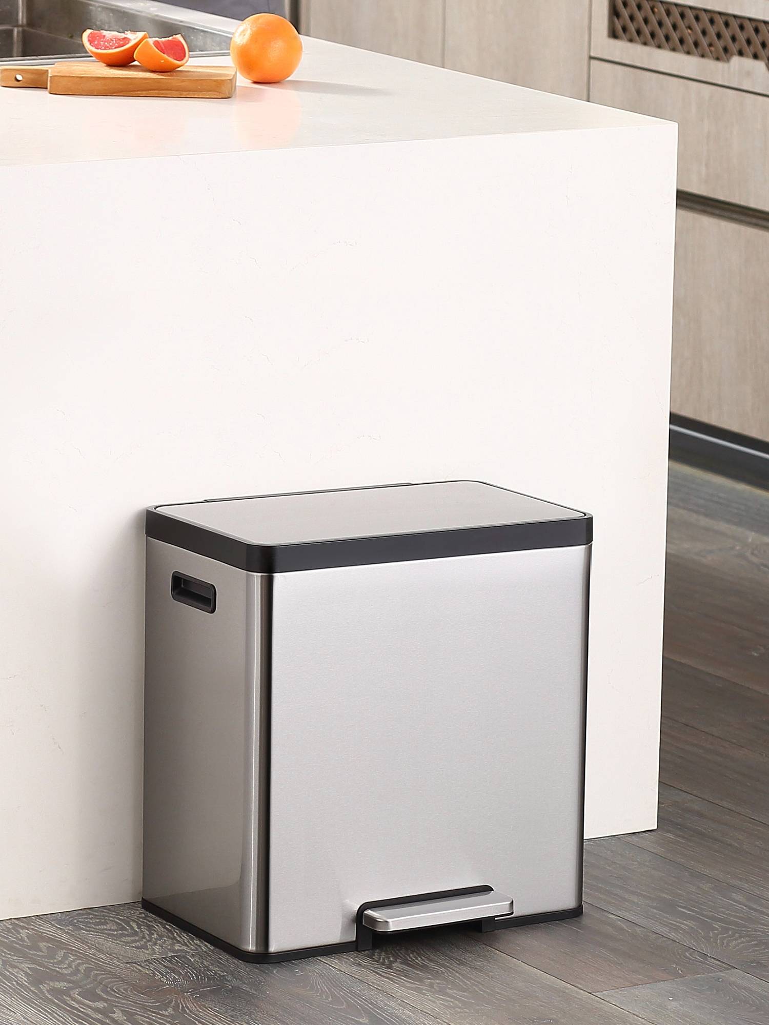 OBSESSIONS Stainless Steel Dual Liner Step Bin Can Rectangular,Fingerprint Resistant, Silver