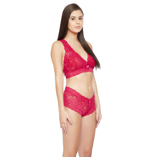 Buy Secrets By ZeroKaata Women Self Design Lace Lingerie Set - Pink Online