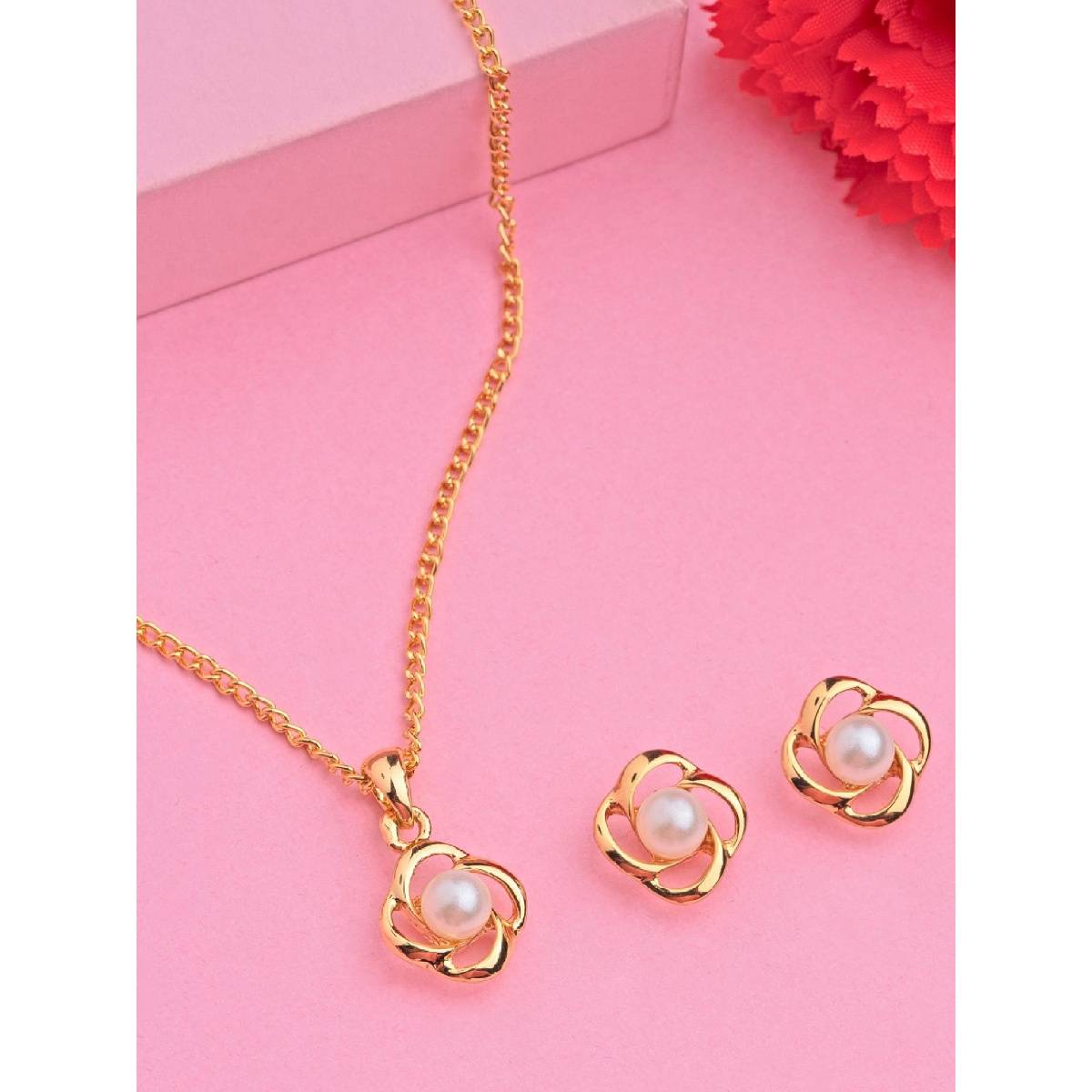 Estele Gold Plated Blossom Designer Necklace with Pearl for Women (Set of 2)