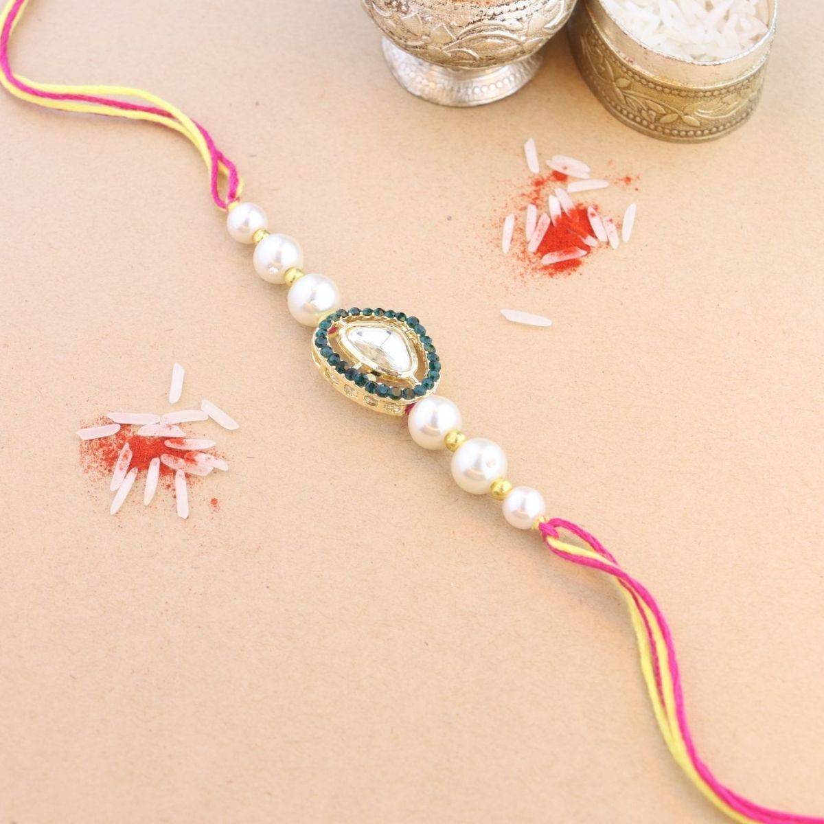 I Jewels Pearl & Kundan Designer Bhaiya Rakhi with Roli Chawal