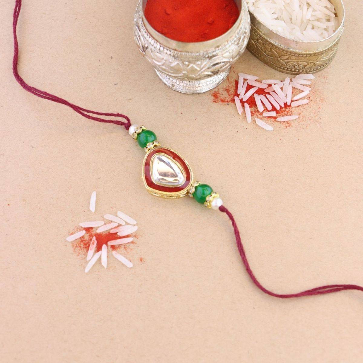I Jewels Maroon Designer Minakari Kundan Pearl Bhaiya Rakhi with Roli Chawal