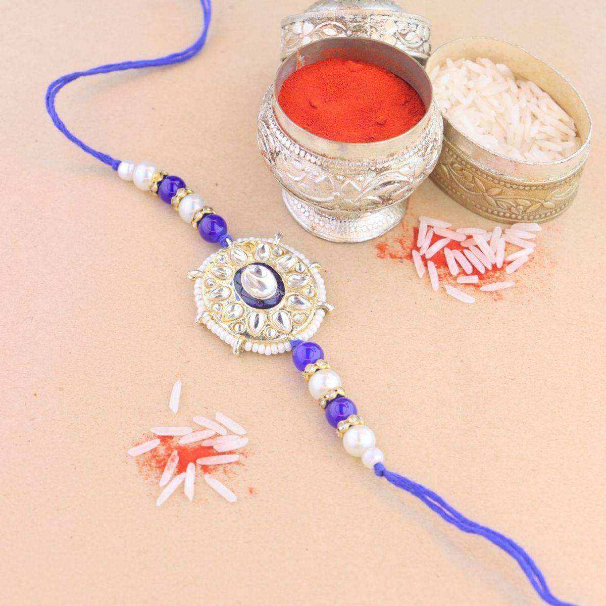I Jewels Blue Pearl & Kundan Designer Bhaiya Rakhi with Roli Chawal