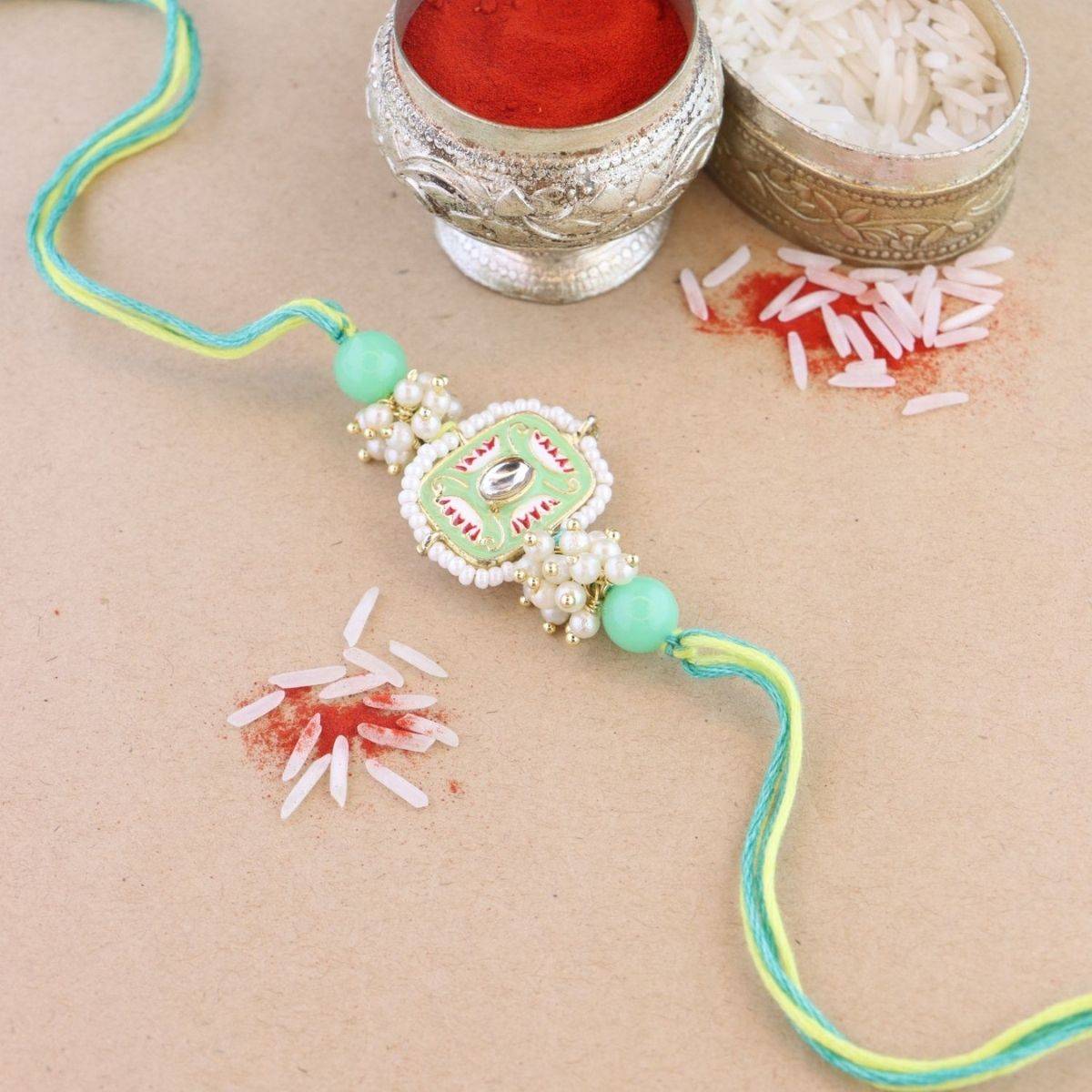 I Jewels Green Pearl & Minakari Designer Bhaiya Rakhi with Roli Chawal