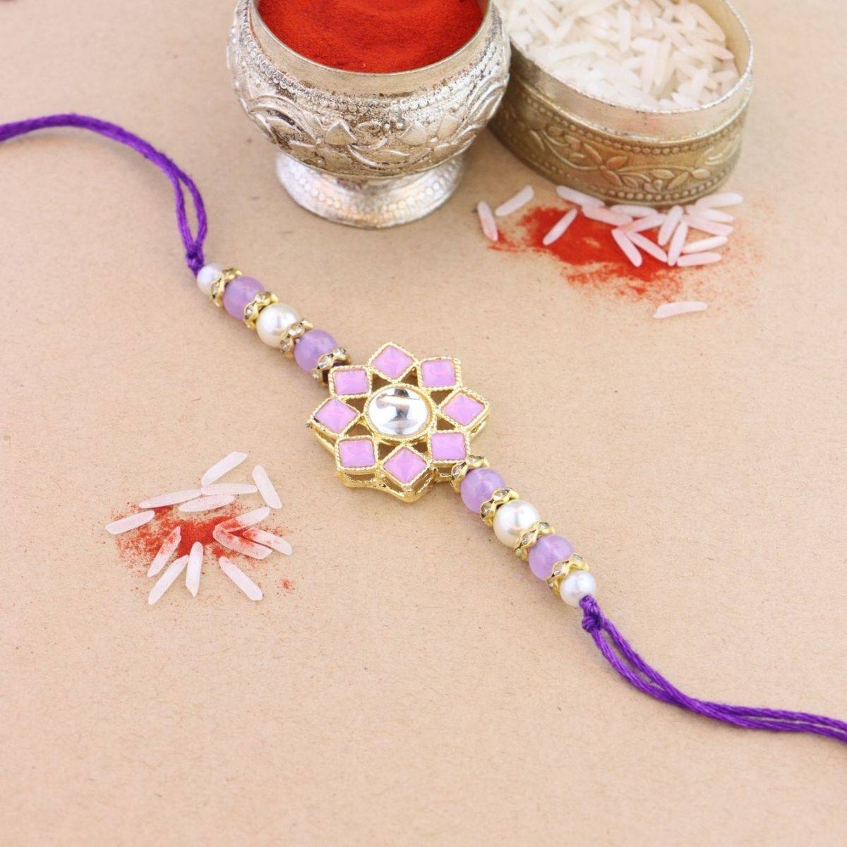I Jewels Purple Pearl & Kundan Designer Bhaiya Rakhi with Roli Chawal