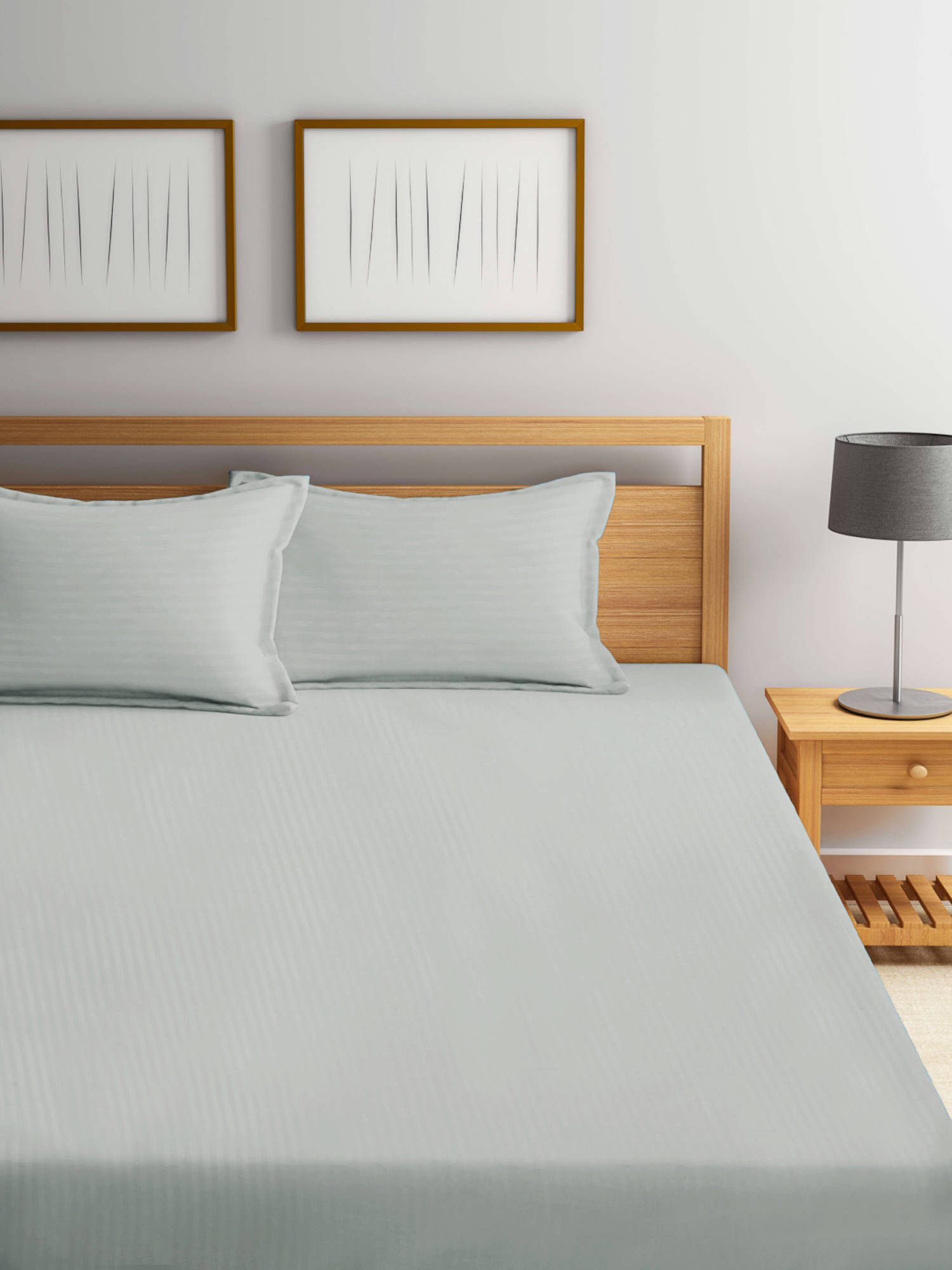 FABINALIV Grey Striped 300 TC Cotton Blend Fitted Bedsheet with 2 Pillow Covers (King)