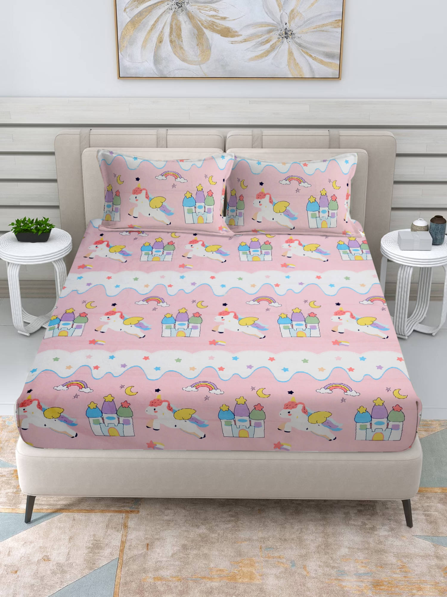 FABINALIV Pink Cartoon Print 300 TC Cotton Blend Fitted Bedsheet with 2 Pillow Covers (King)