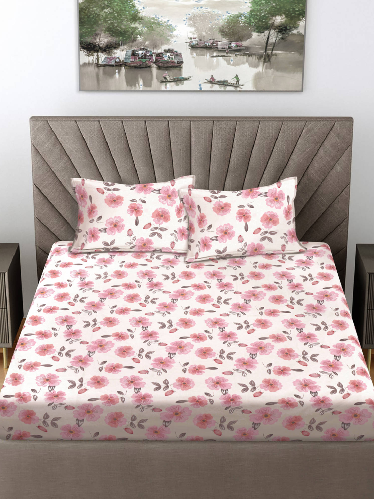 FABINALIV Pink Floral 300 TC Cotton Blend Fitted Bedsheet with 2 Pillow Covers (King)