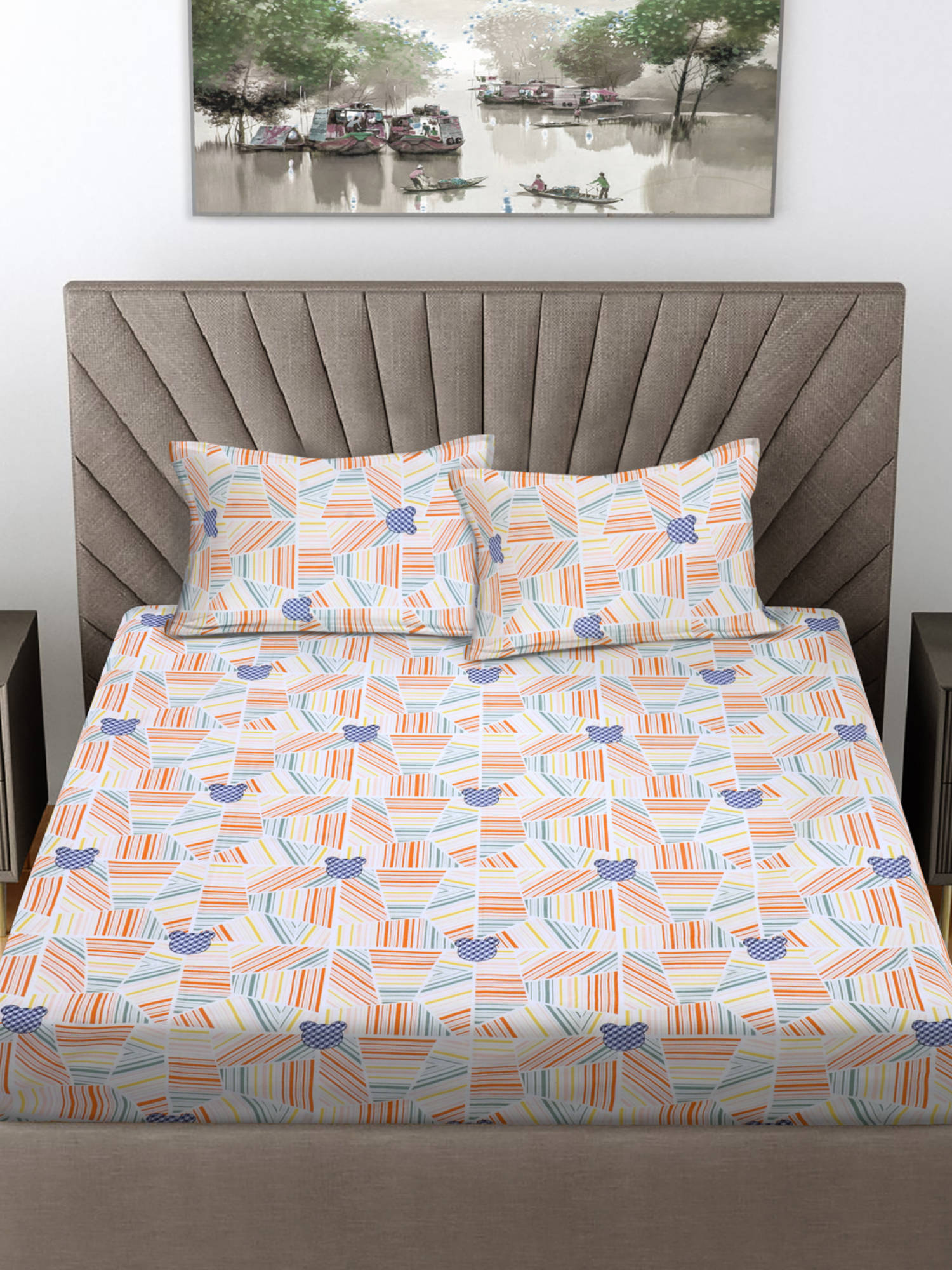 FABINALIV White Geometric 300 TC Cotton Blend Fitted Bedsheet with 2 Pillow Covers (King)