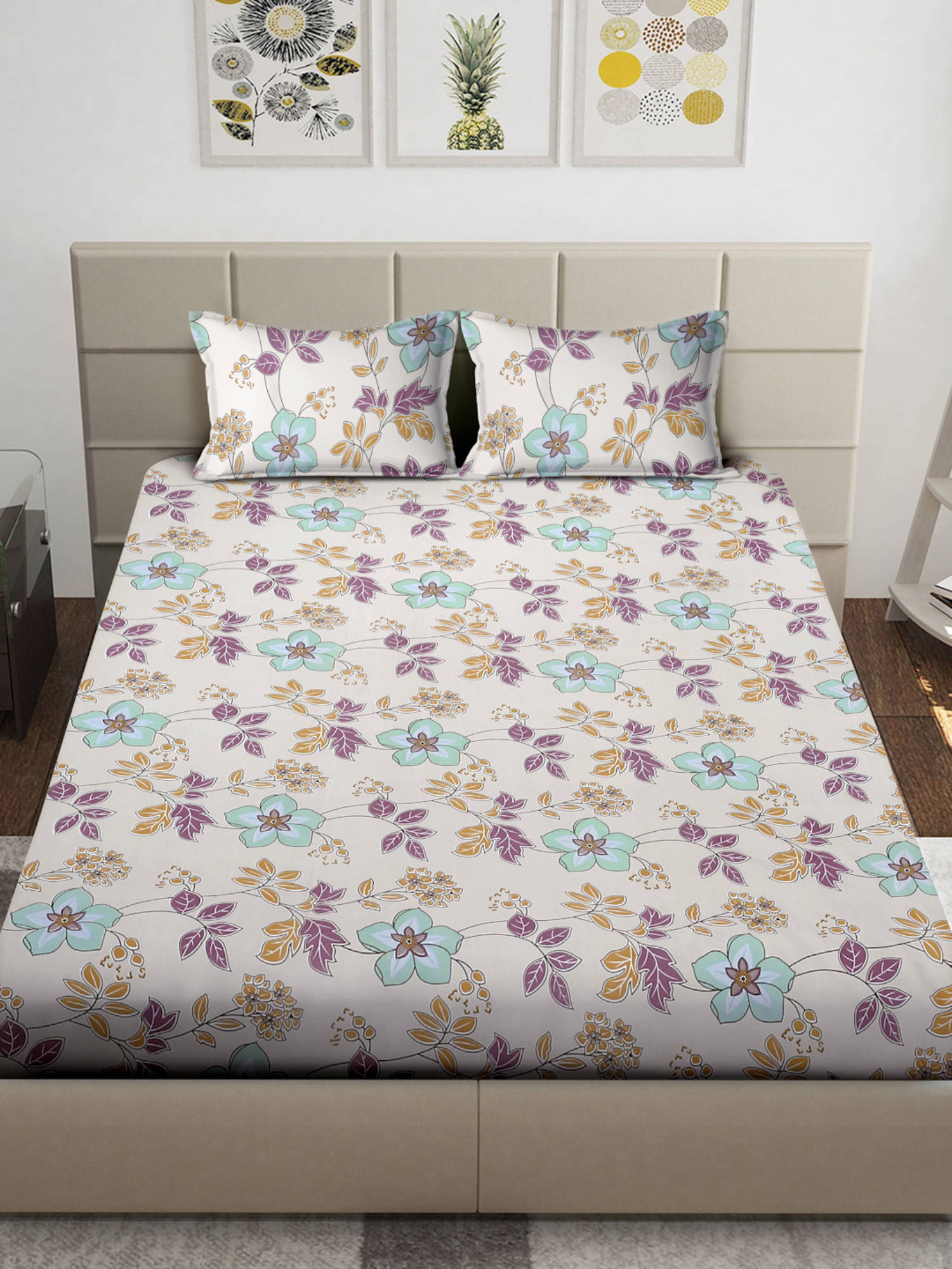 FABINALIV Beige Floral 300 TC Cotton Blend Fitted Bedsheet with 2 Pillow Covers (King)