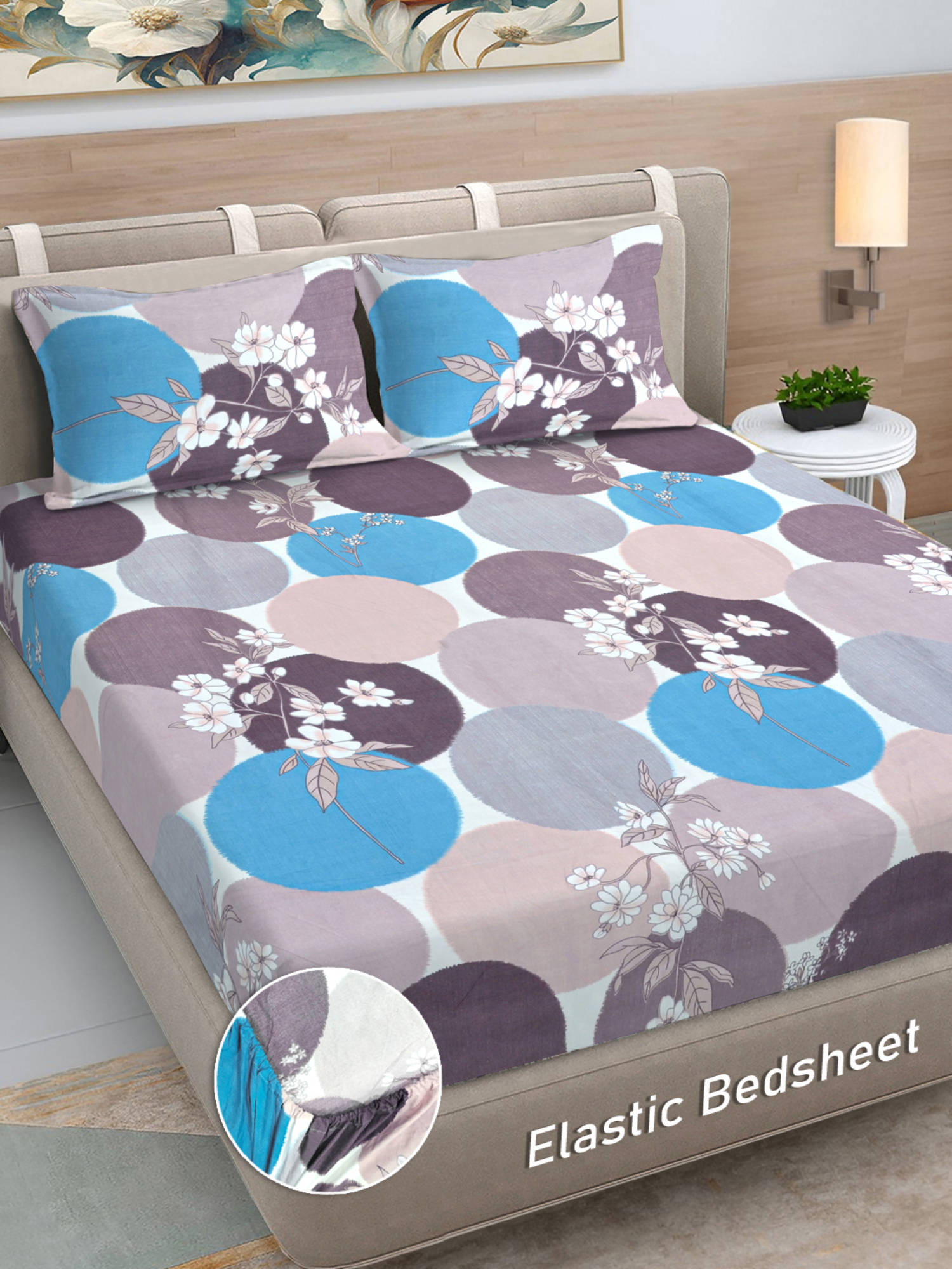 FABINALIV Multi-Color Floral 300 TC Cotton Blend Fitted Bedsheet with 2 Pillow Covers (King)