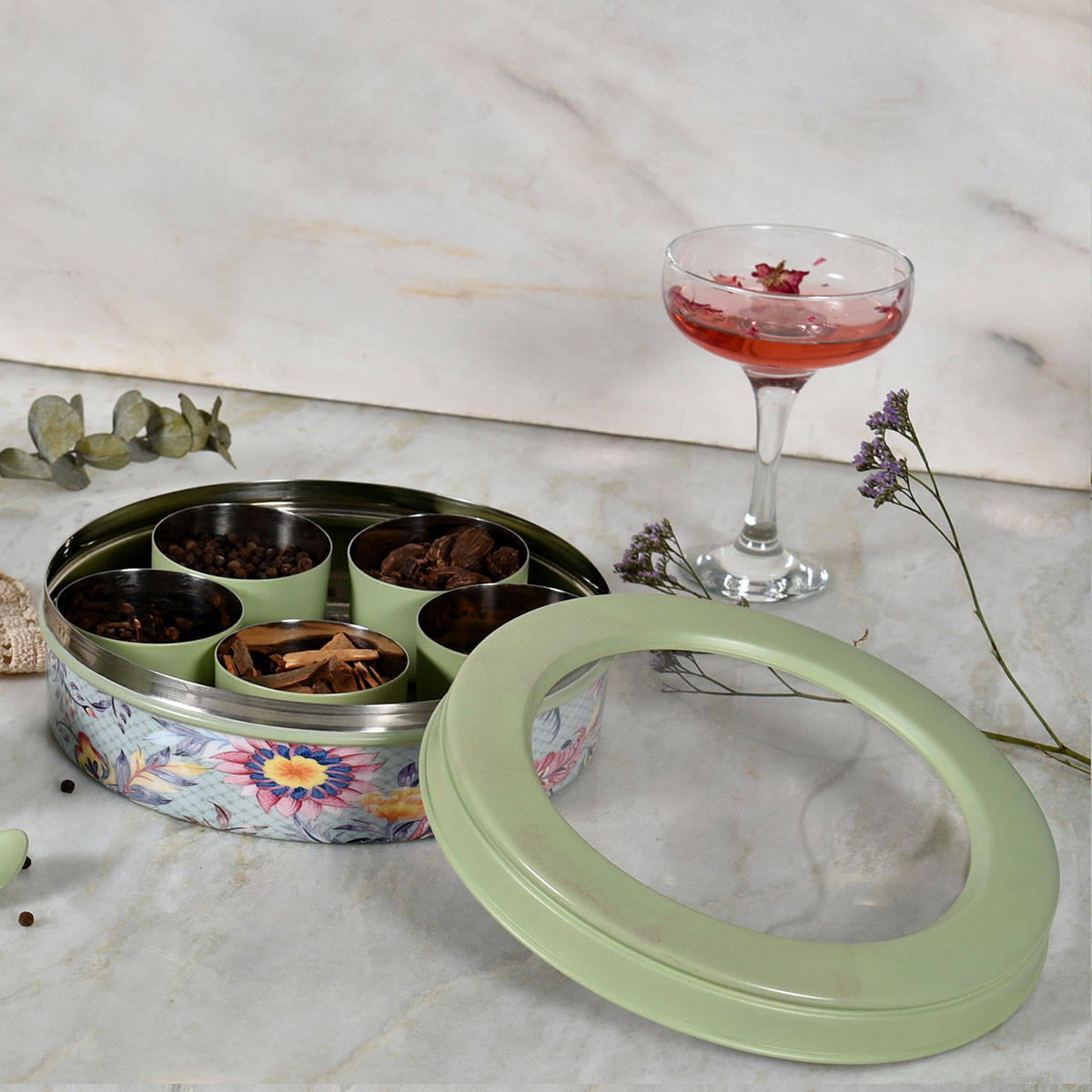 7 Compartment Stainless Steel Floral Spice Box with Spoon, Green