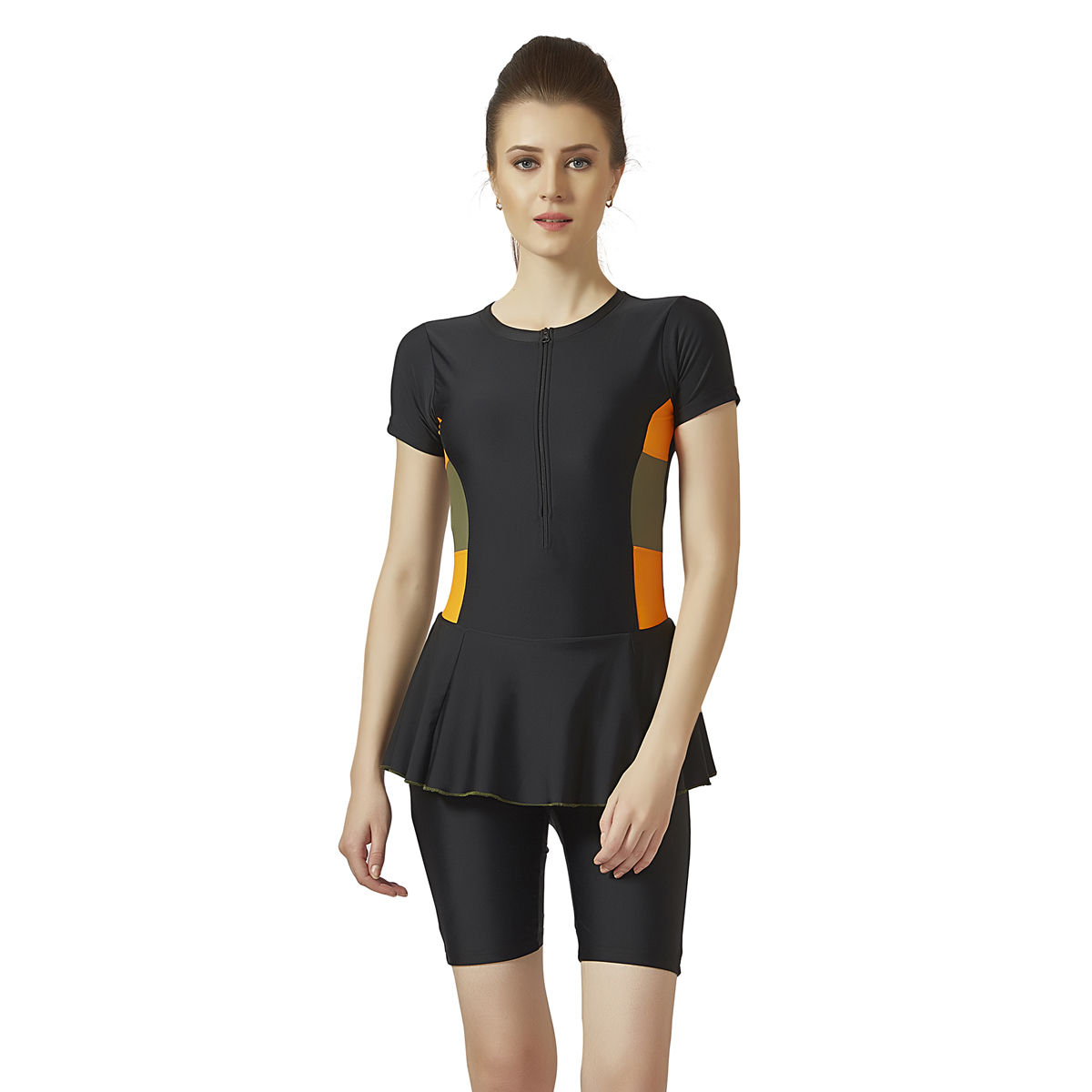 Buy Veloz Nylon Spandex Padded Women Swimwear Contrast 3 Patches on  Bothside & Front Zip - Black Online