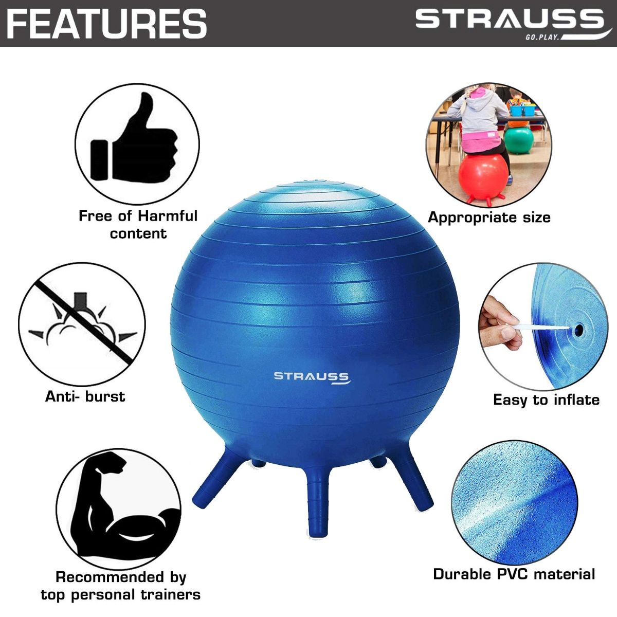 Buy Strauss Rubber Anti Burst Gym Ball Stability Legs 55 cm